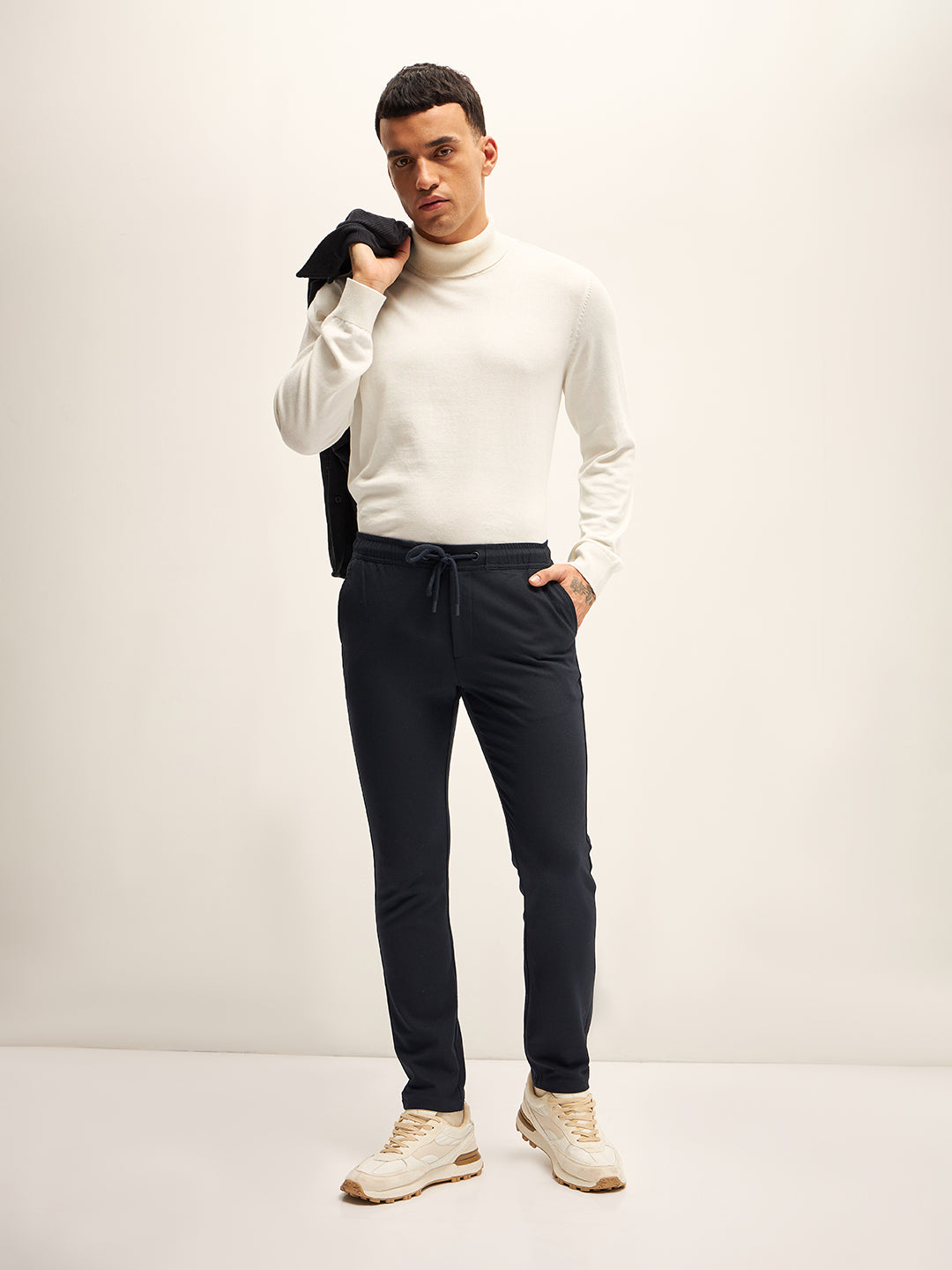Men Dark Blue Solid 4 Way Stretch Semi-Formal Trouser