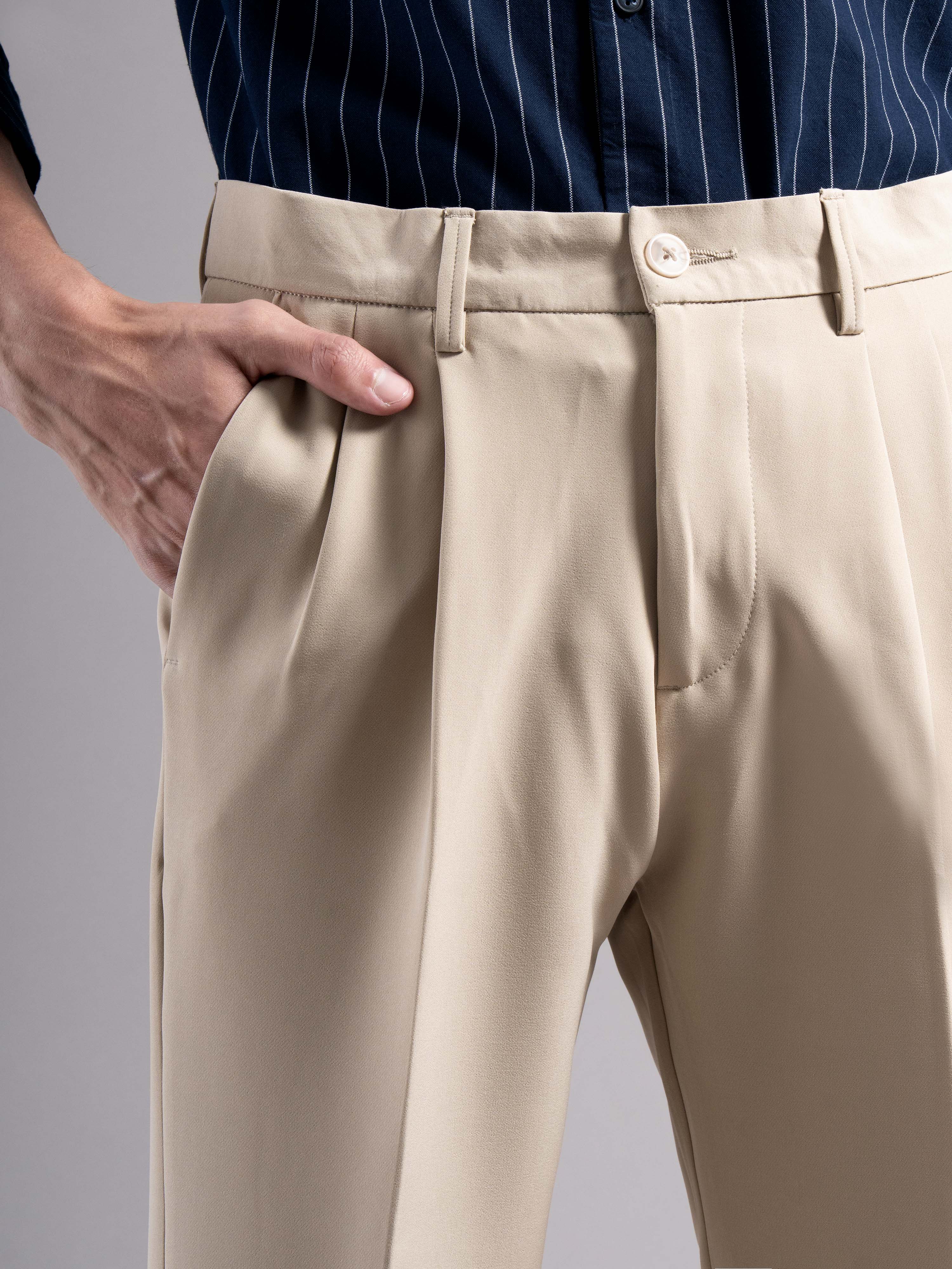 Men Beige Pleated Chinos Trousers