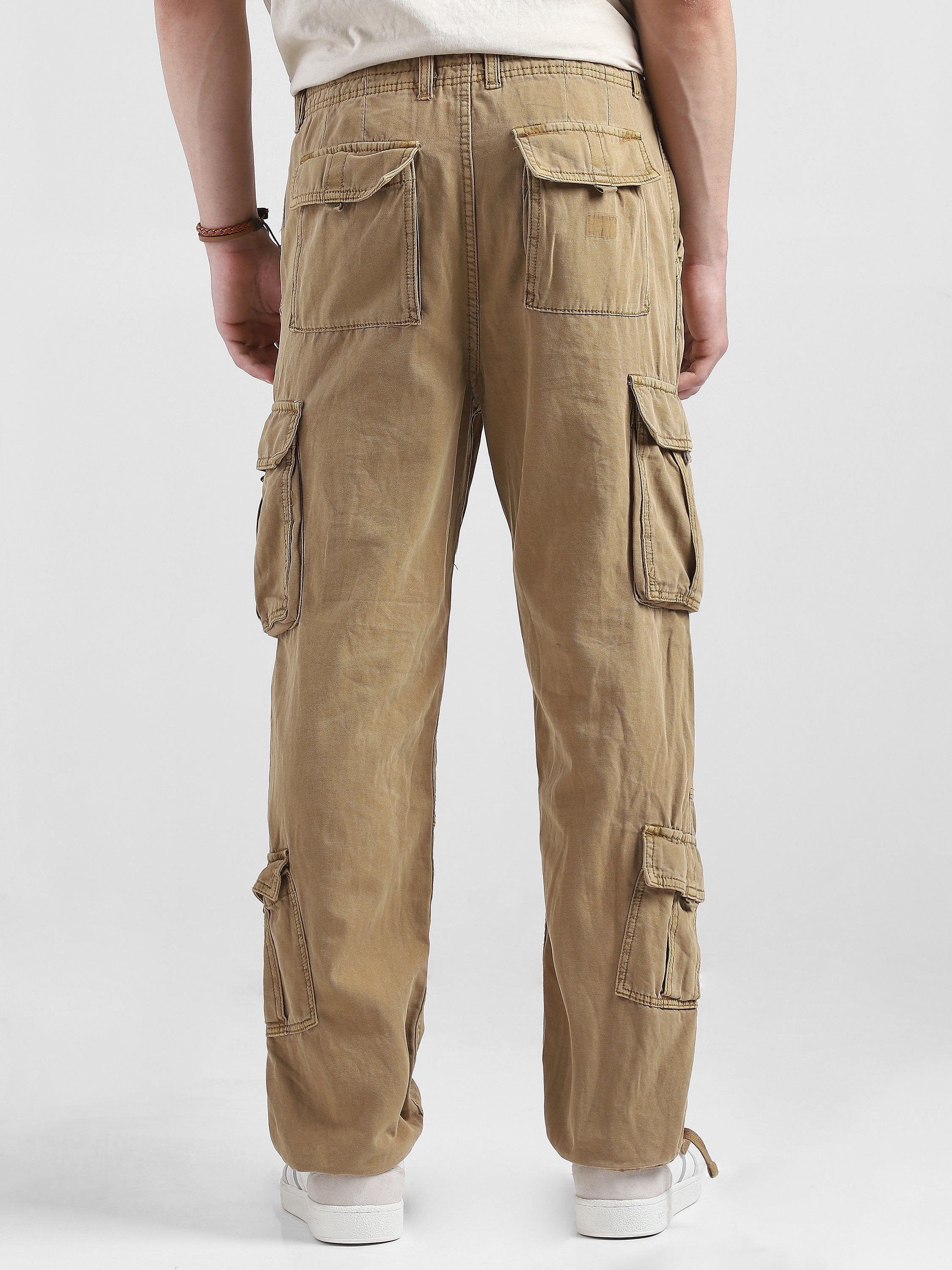 Men Beige Cotton Blend Cargo Pants with 8 Pockets