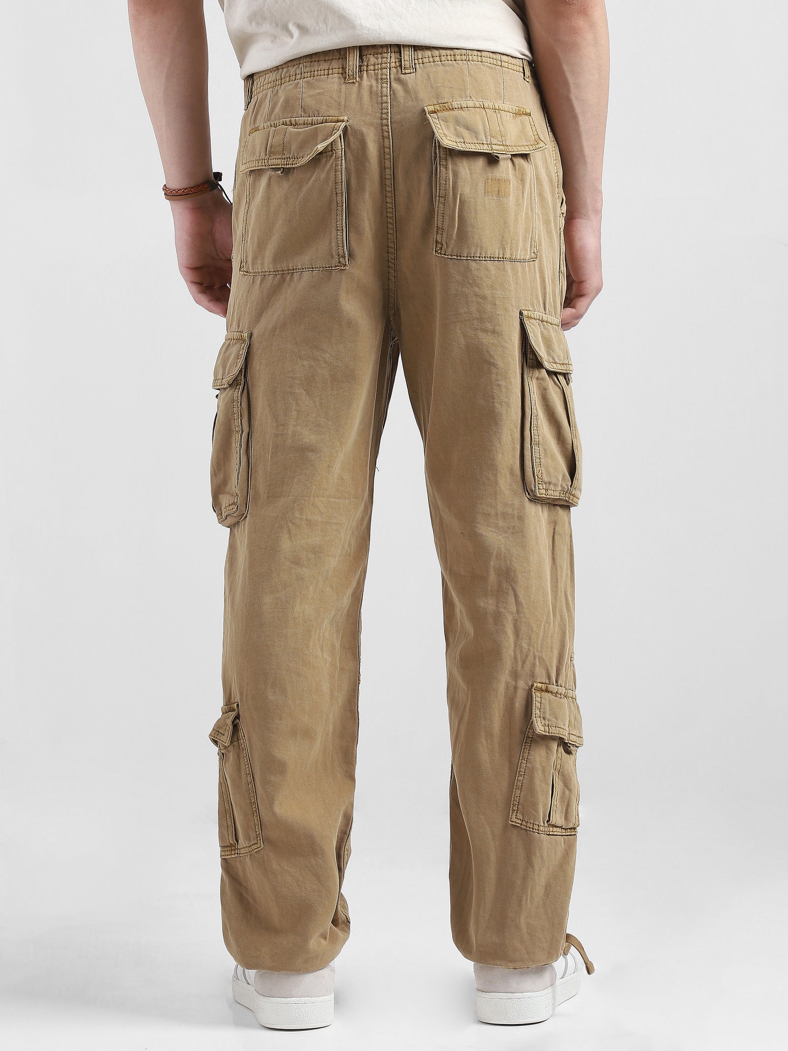Men Beige Cotton Blend Cargo Pants with 8 Pockets