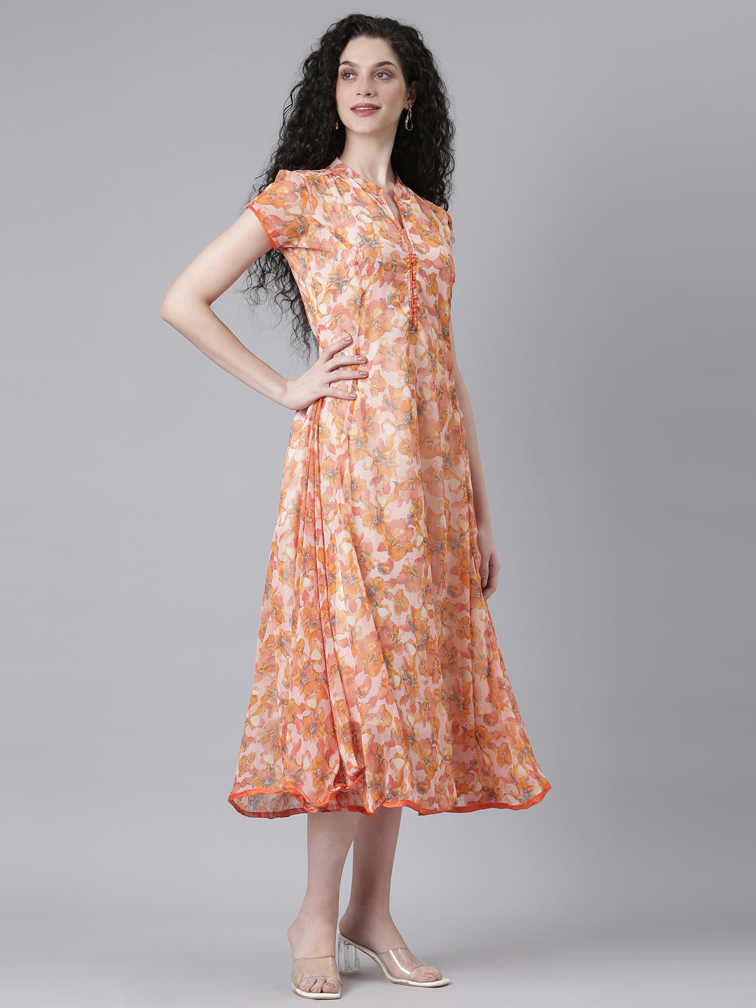Women Peach Floral Chiffon Dress