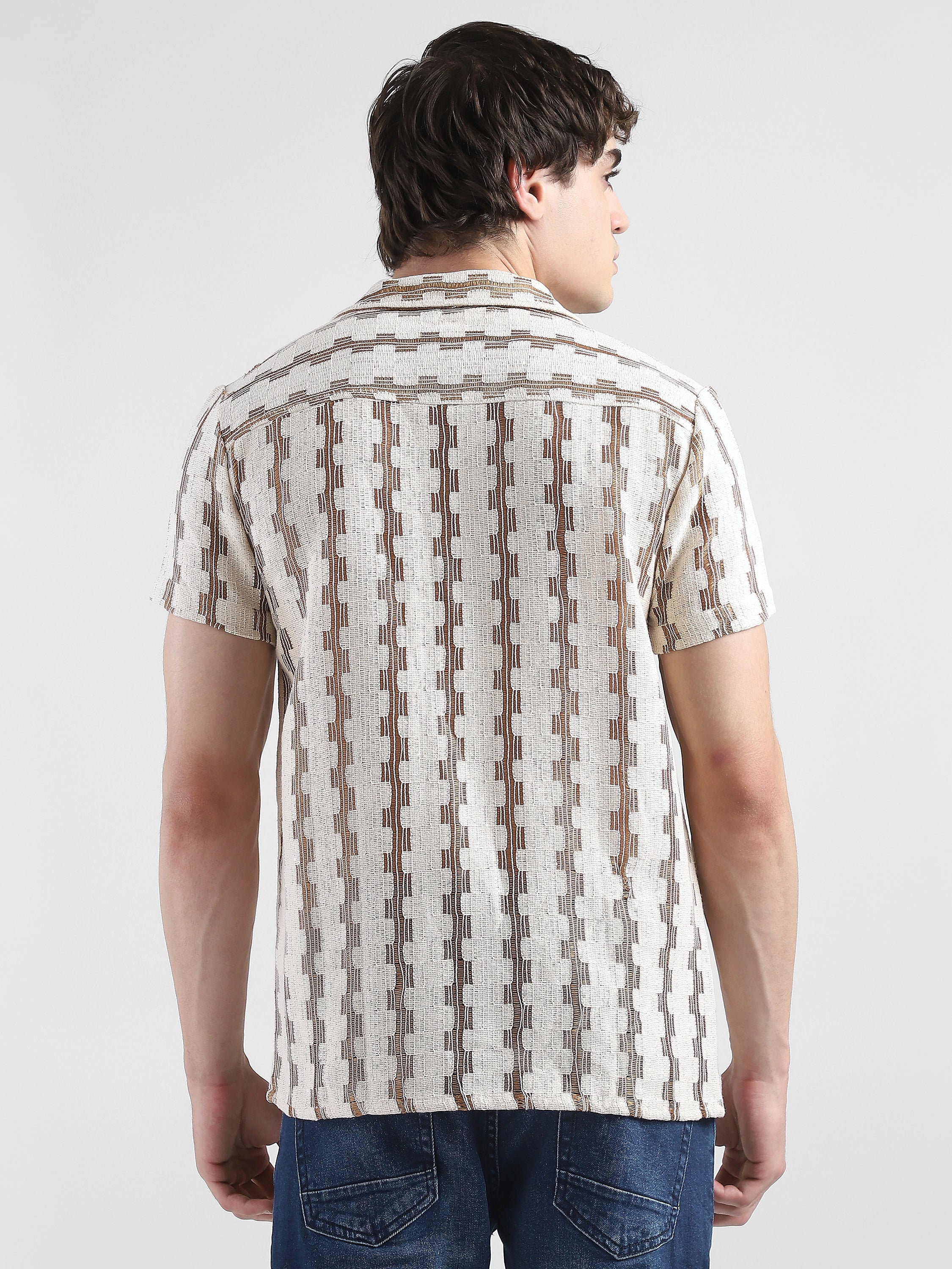 Men Lace See through Brown Casual Shirt