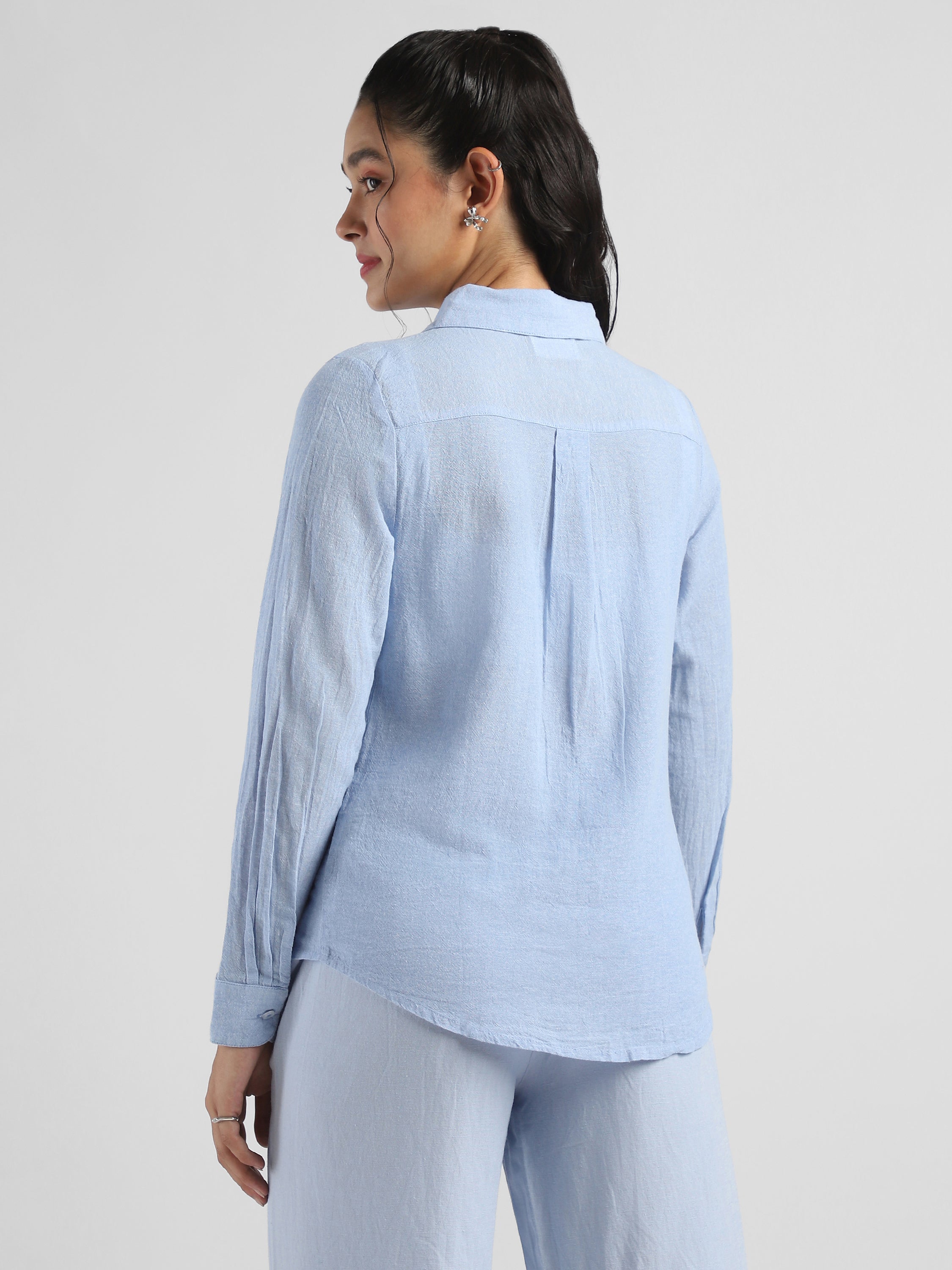 Women Blue Textured Regular Fit Shirt