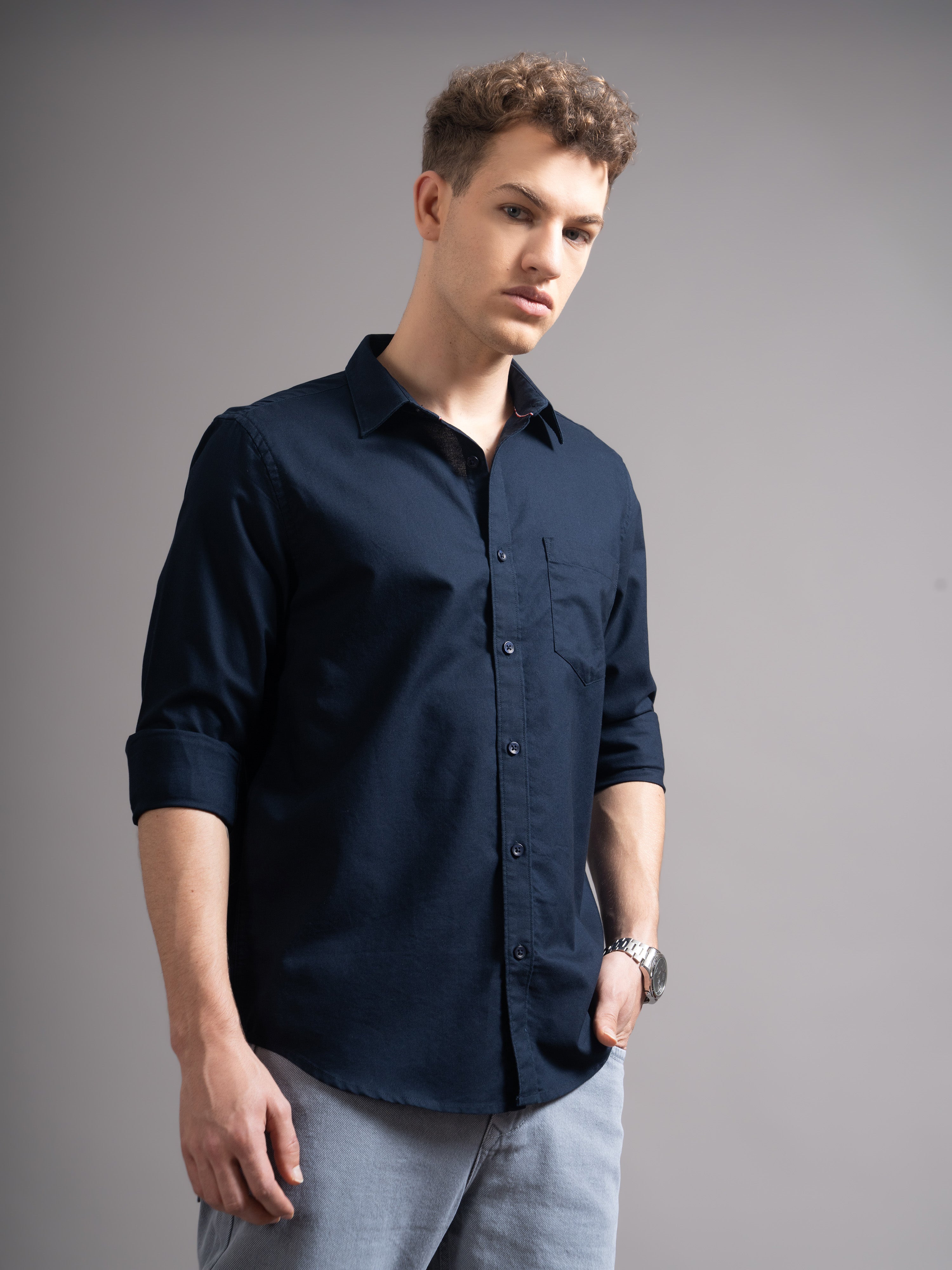 Men Navy Blue Casual Shirt