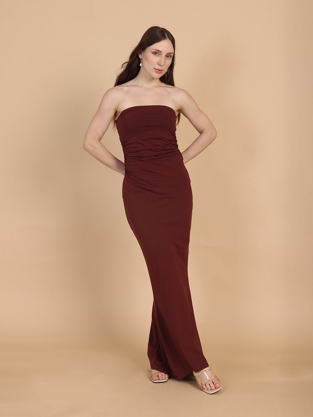 Women Brown Ruched Side Slit Tube Dress
