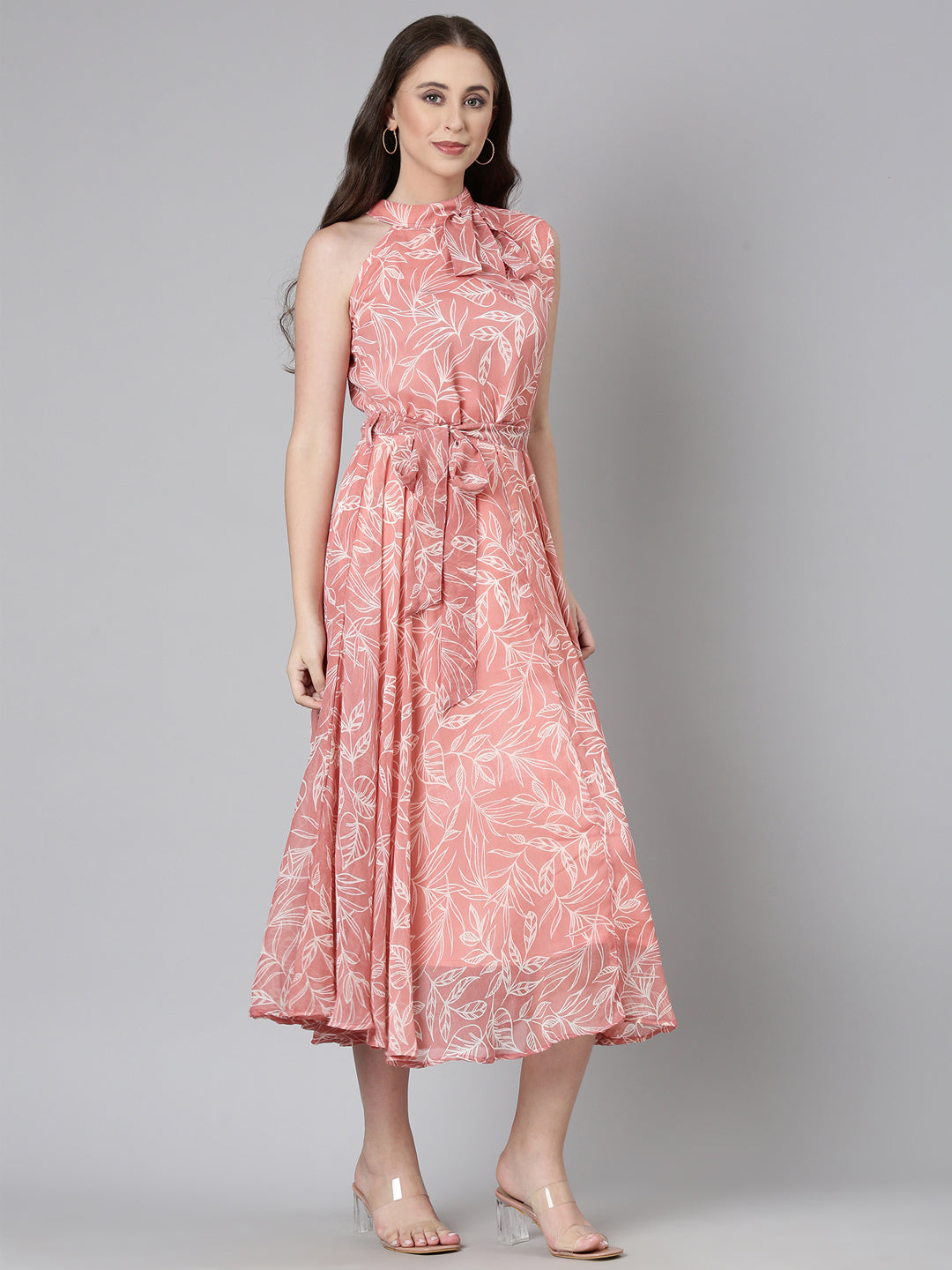 Women Peach Floral Chiffon Dress