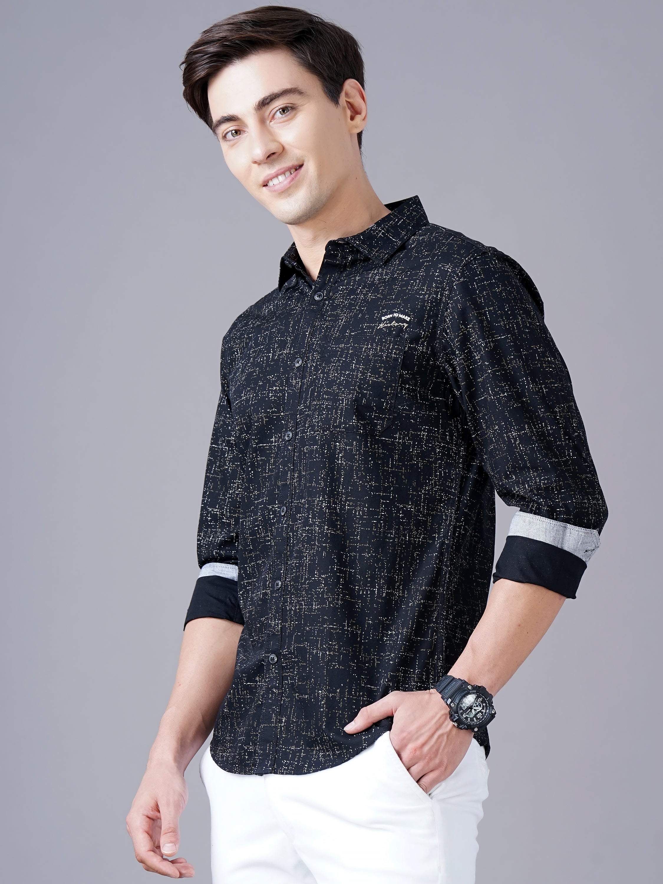 Men Black Cotton Slim Shirt