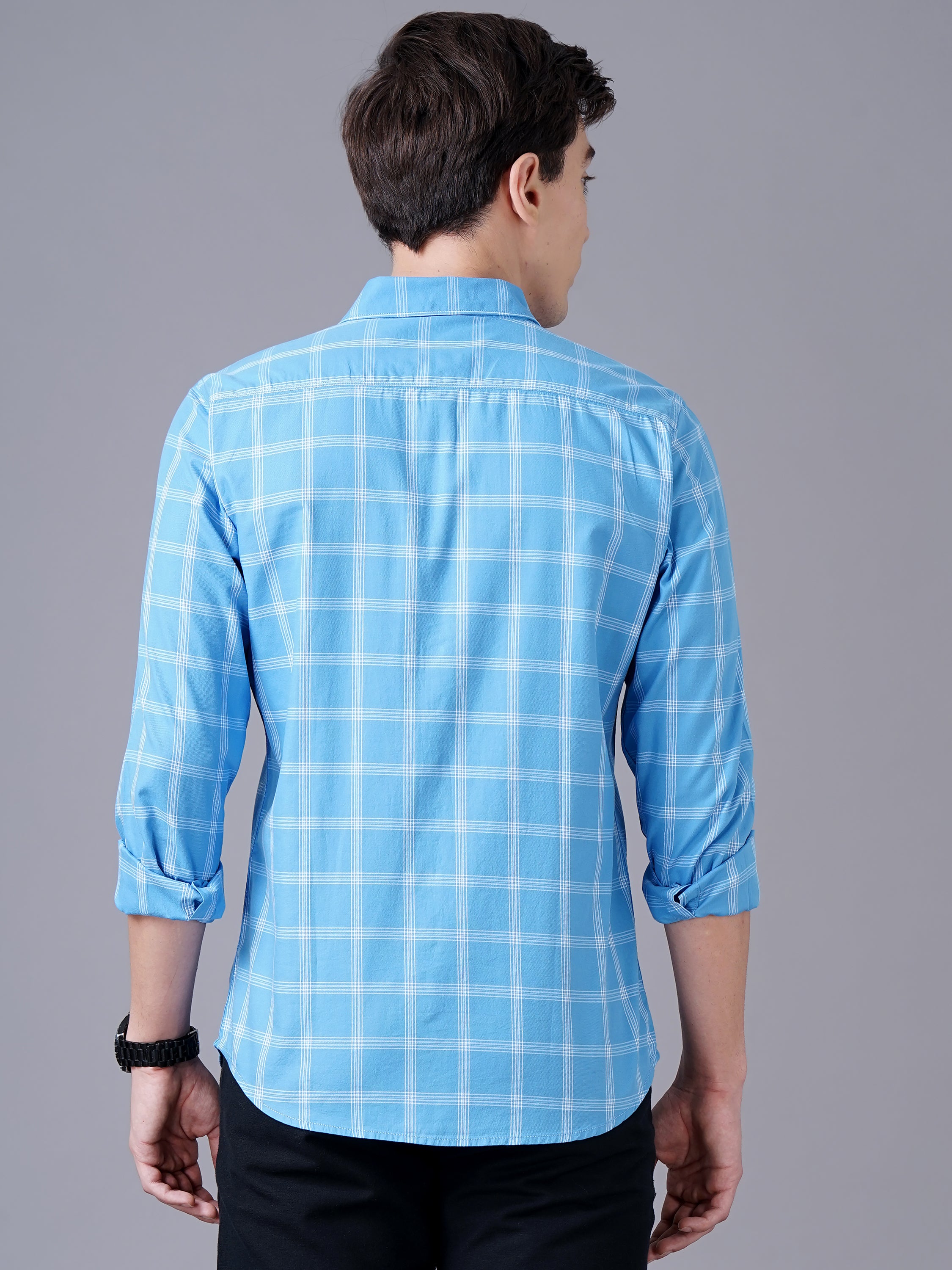 Men Blue Cotton Slim Shirt
