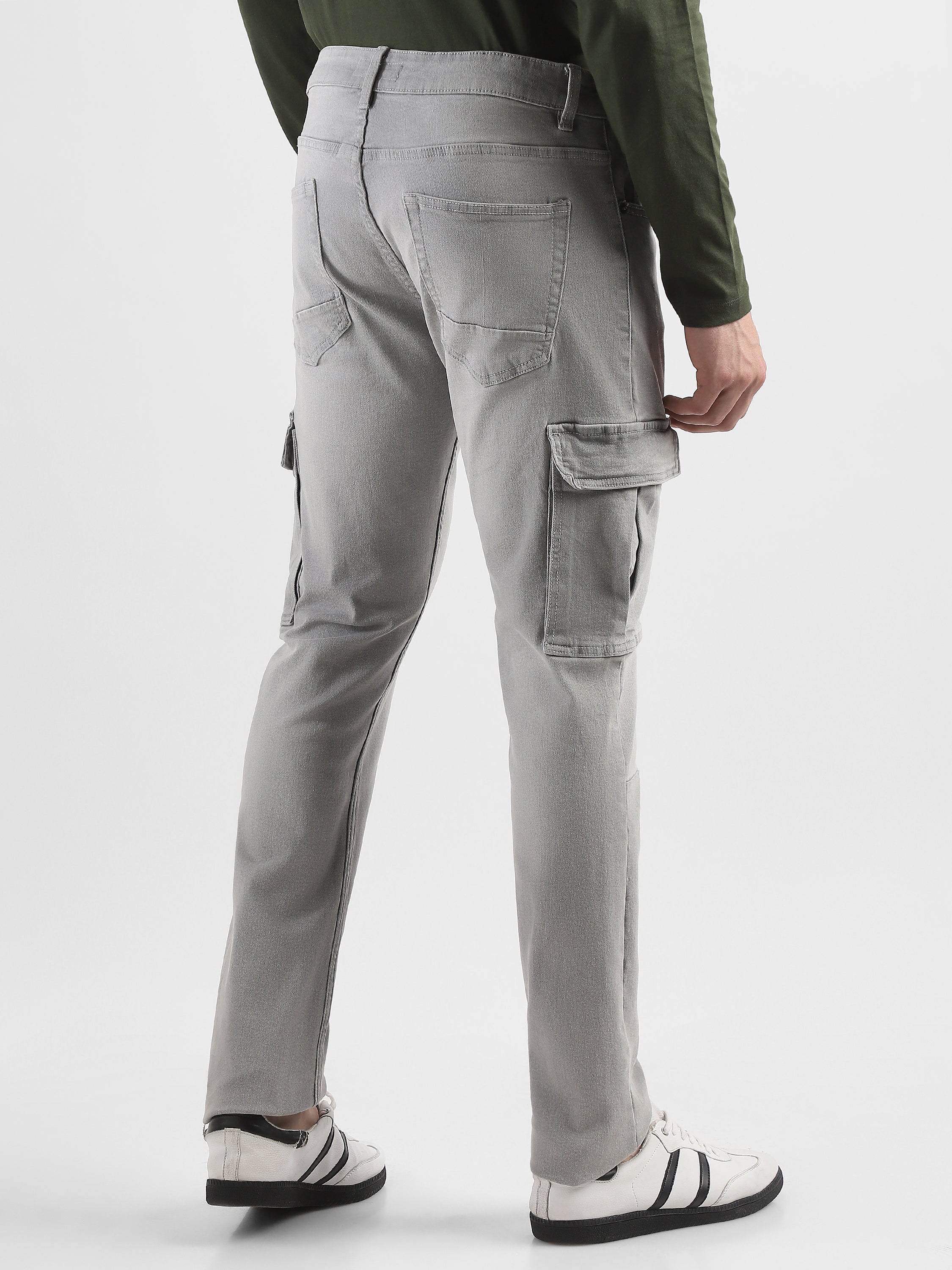 Men Grey Denim Mid Rise Cargo Pants