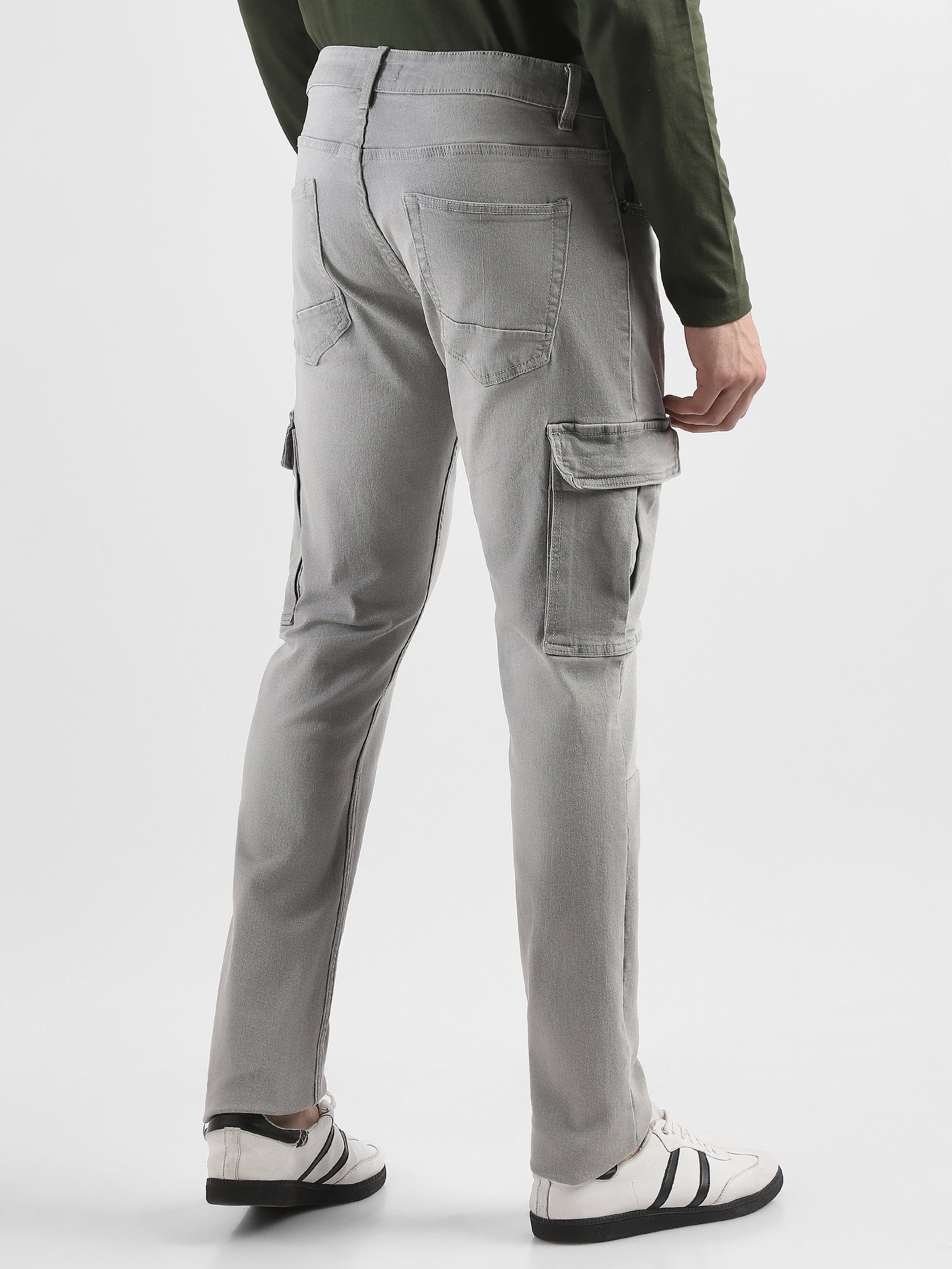 Men Grey Denim Mid Rise Cargo Pants