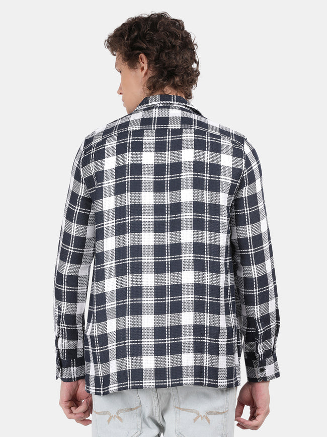 Men Navy Slim Fit Lapel Collar Full Sleeve Casual Shirt