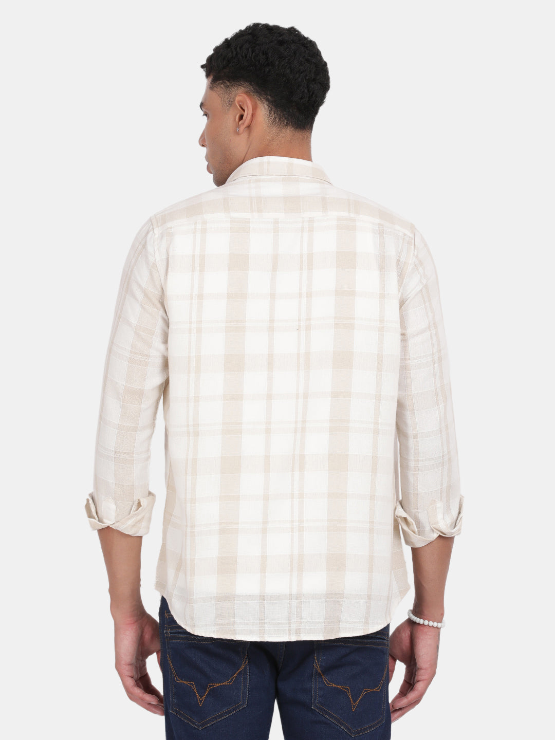Men Light cream Slim Fit Spread Collar Full Sleeve Casual Shirt