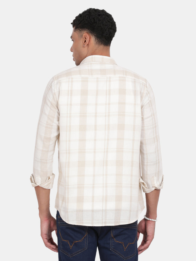 Men Light cream Slim Fit Spread Collar Full Sleeve Casual Shirt