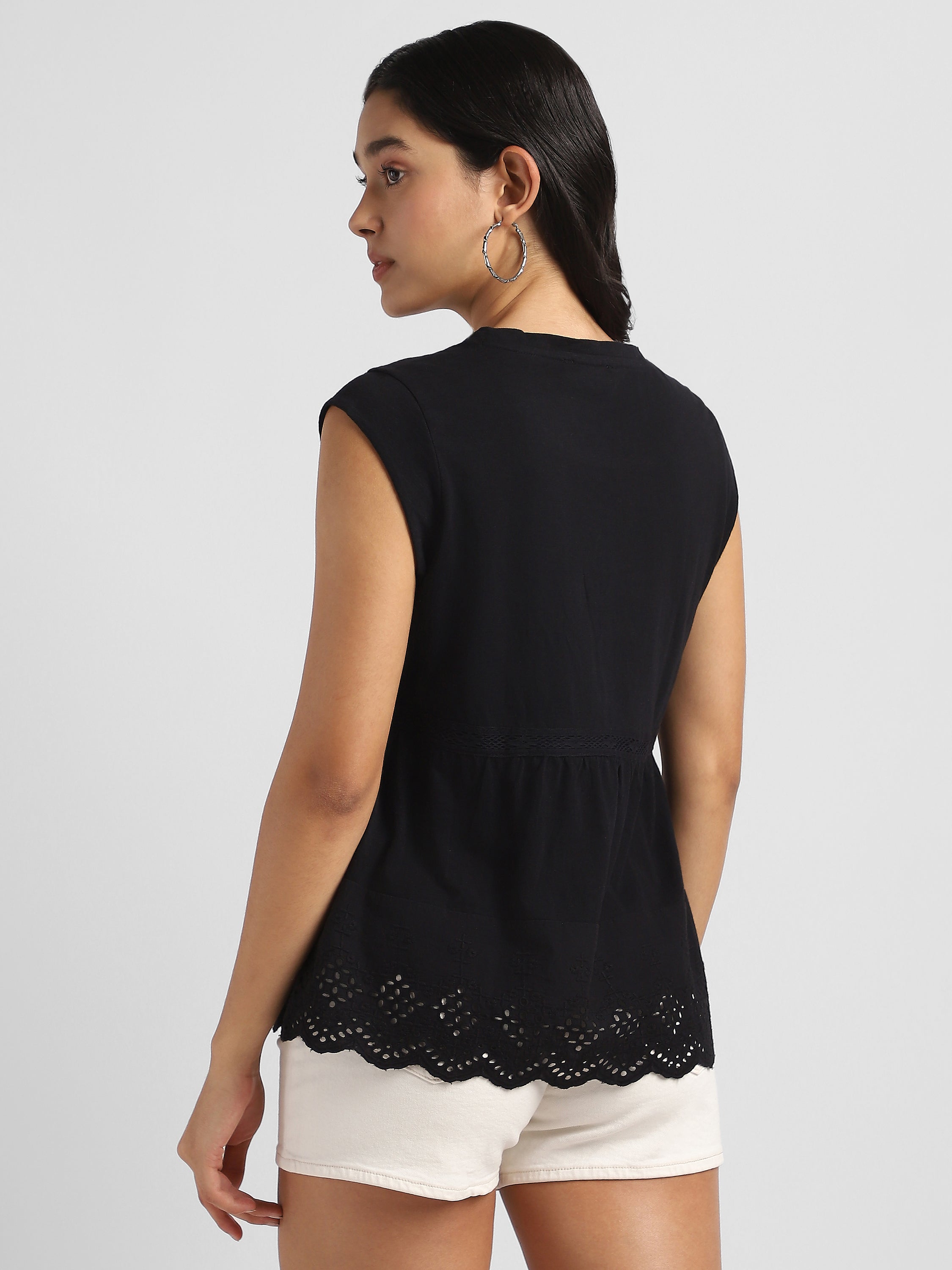 Women Black Embroidered Top with Shiffli  Inserts