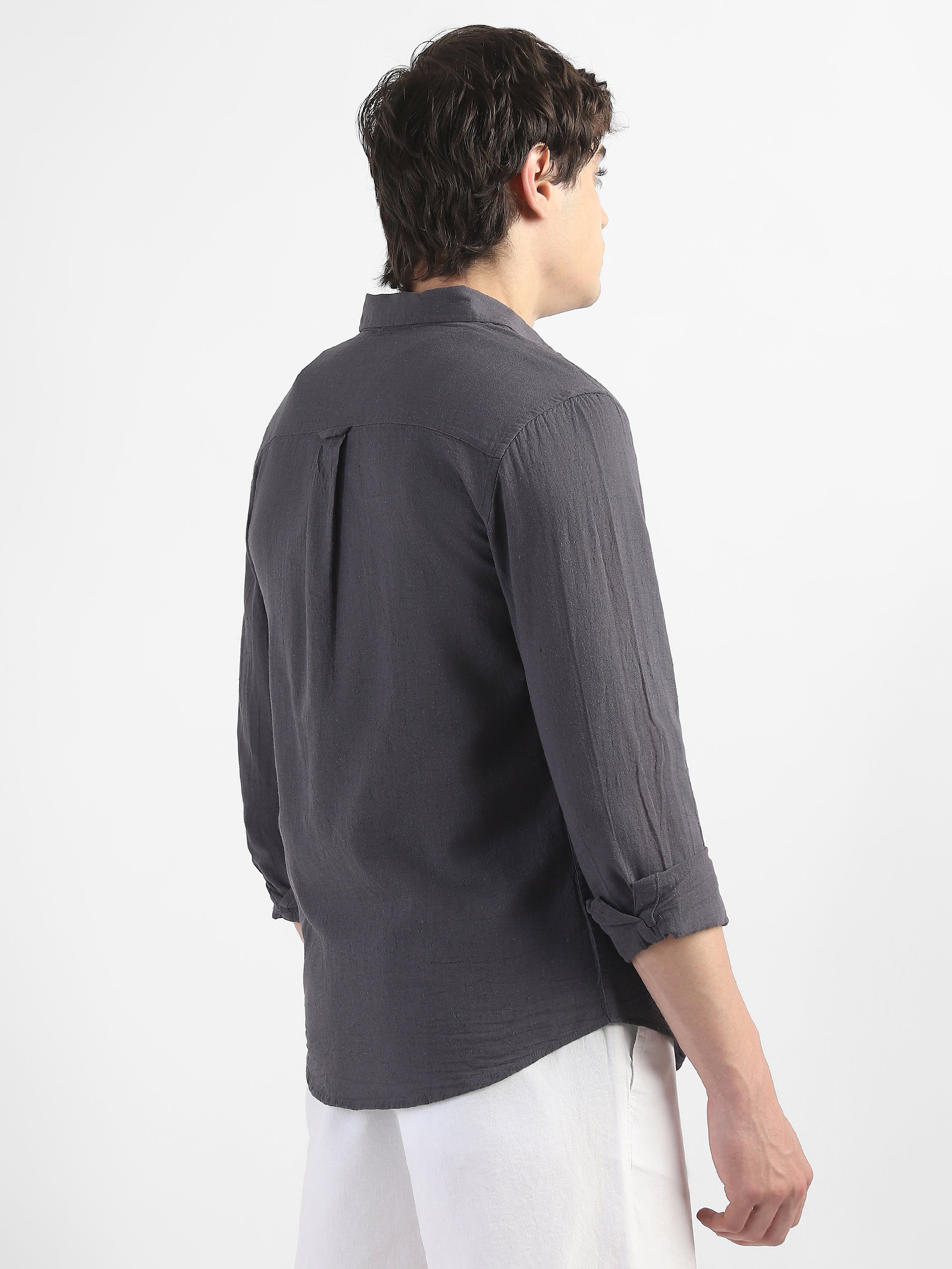 Men Linen Blend Dark Grey Shirt