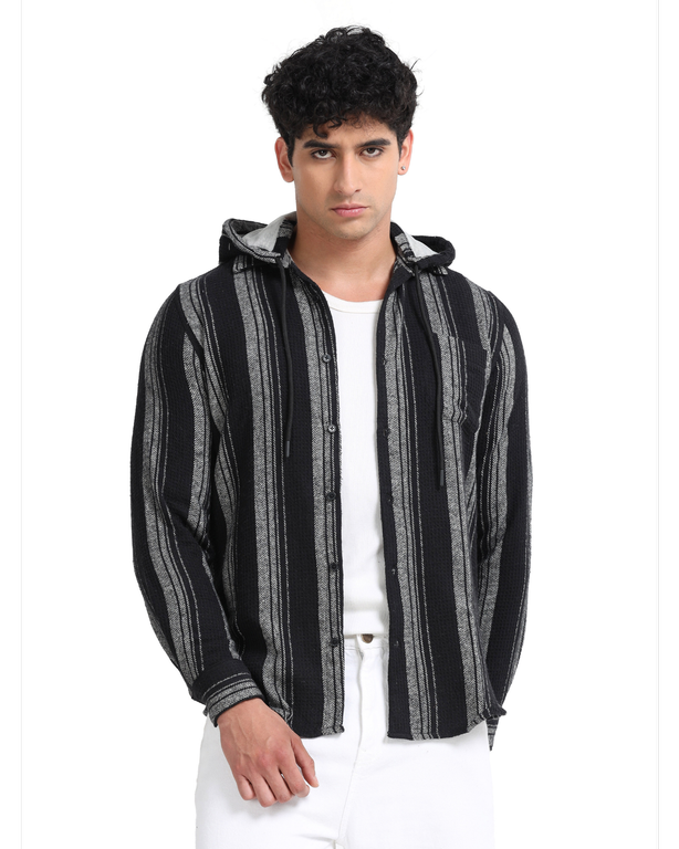 Men Striped Long Sleeve Hooded Casual Shirt