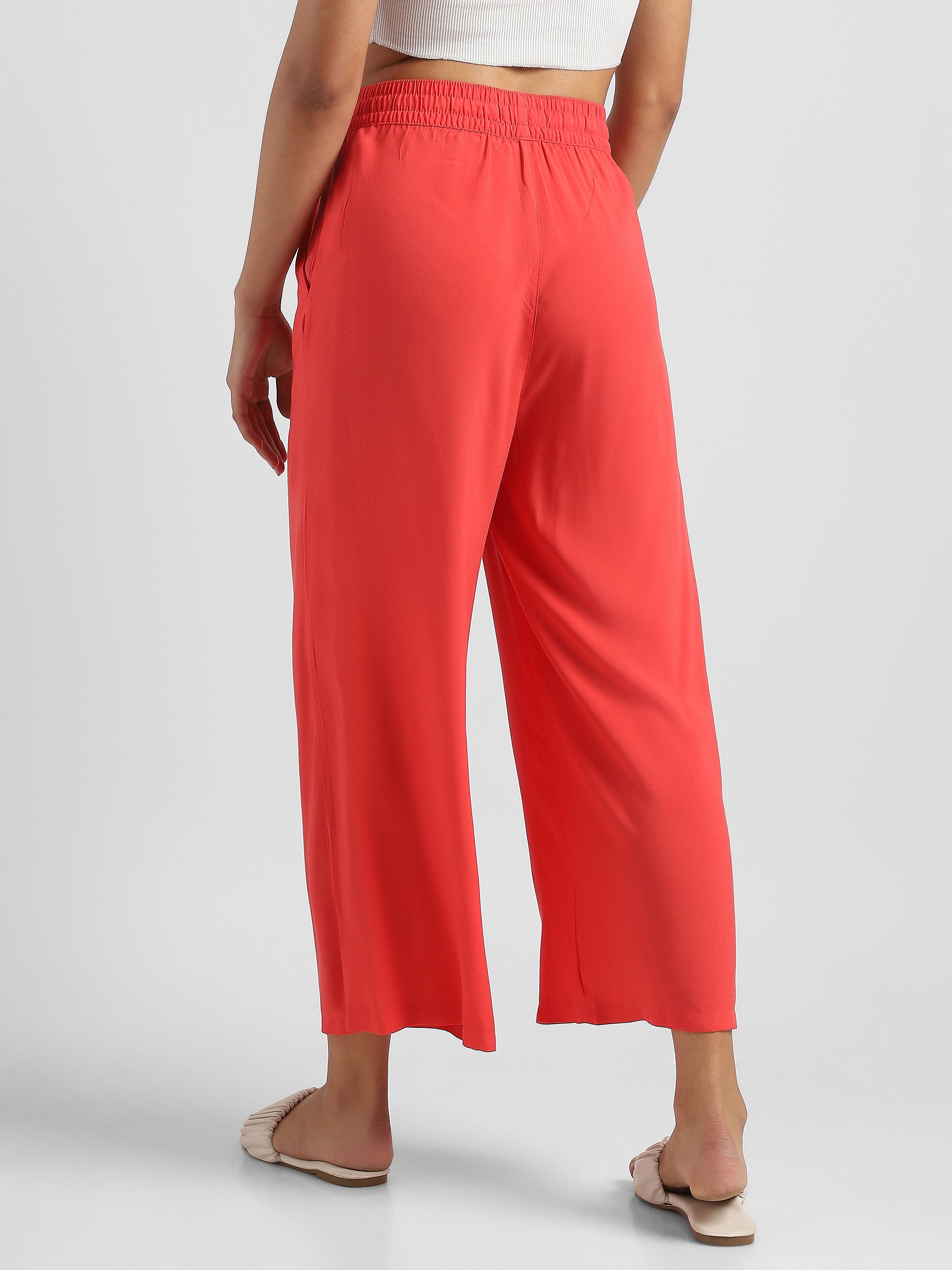 Women Red Flowy Wide-Leg Pants with Drawstring