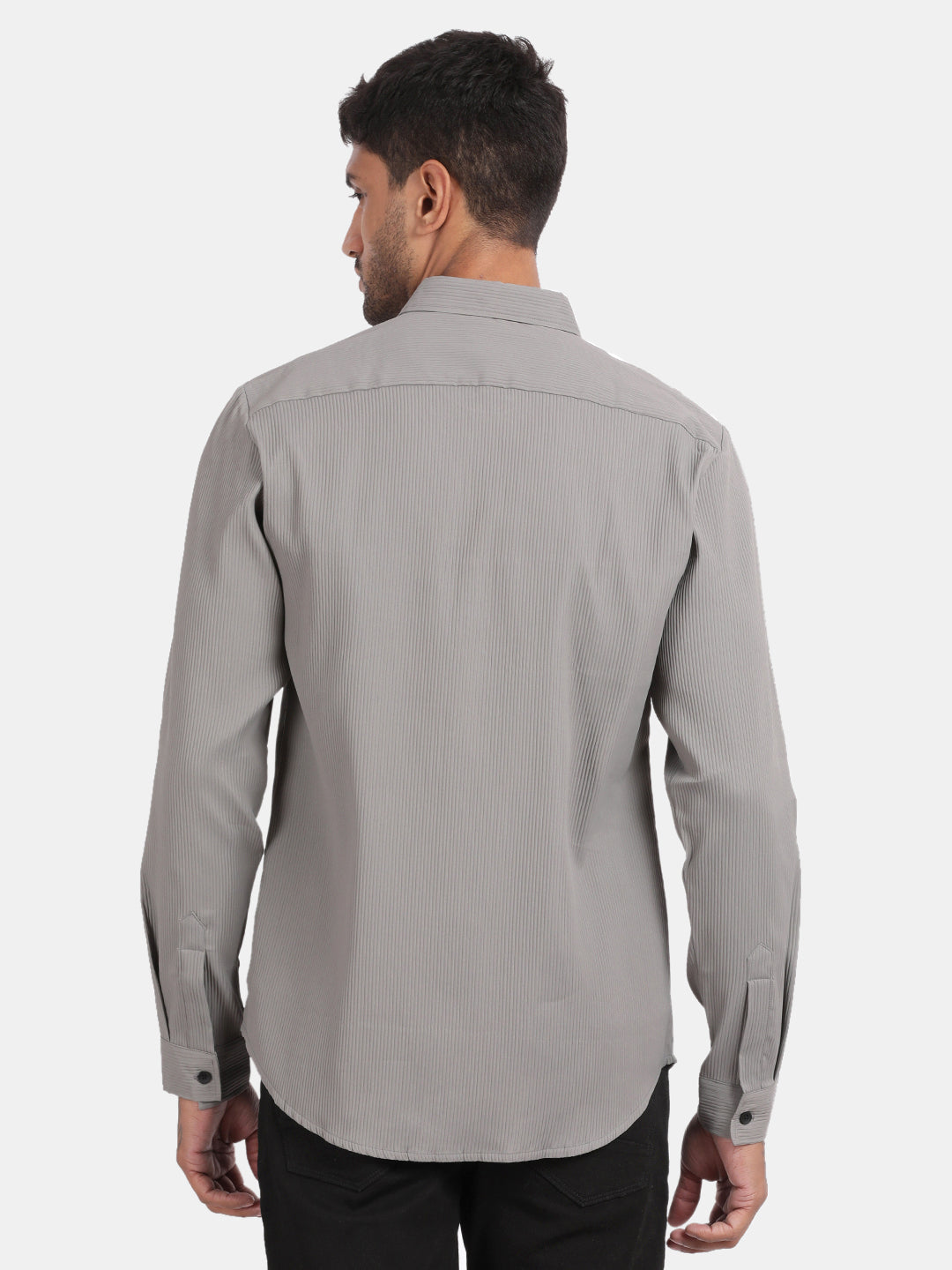 Men Silver Slim Fit Spread Collar Full Sleeve Casual Shirt