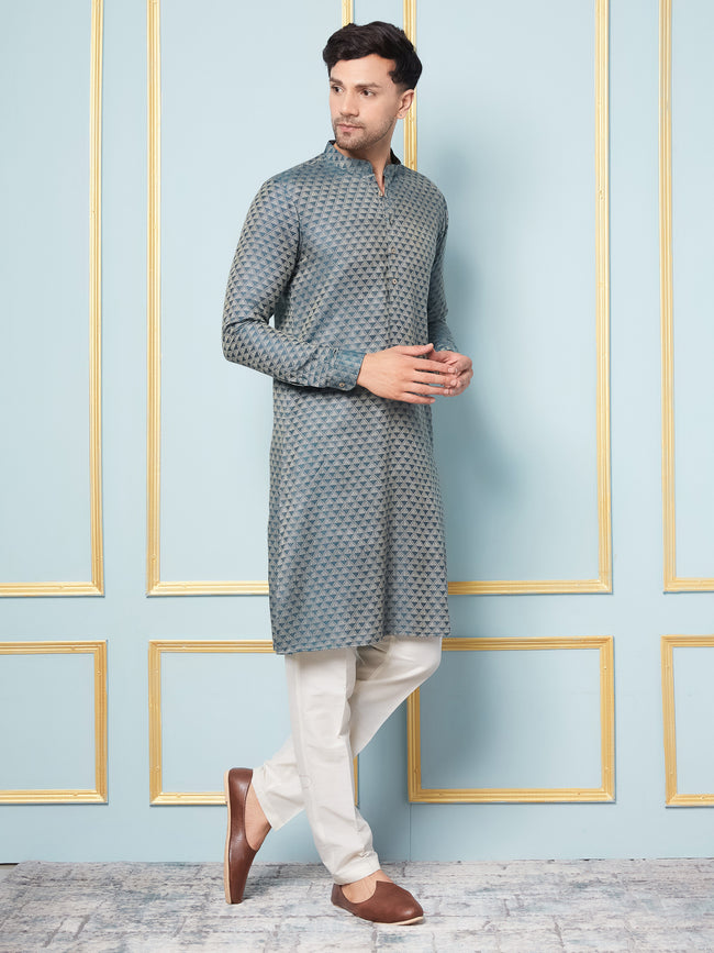 Men Green Woven Design Thread Work Kurta