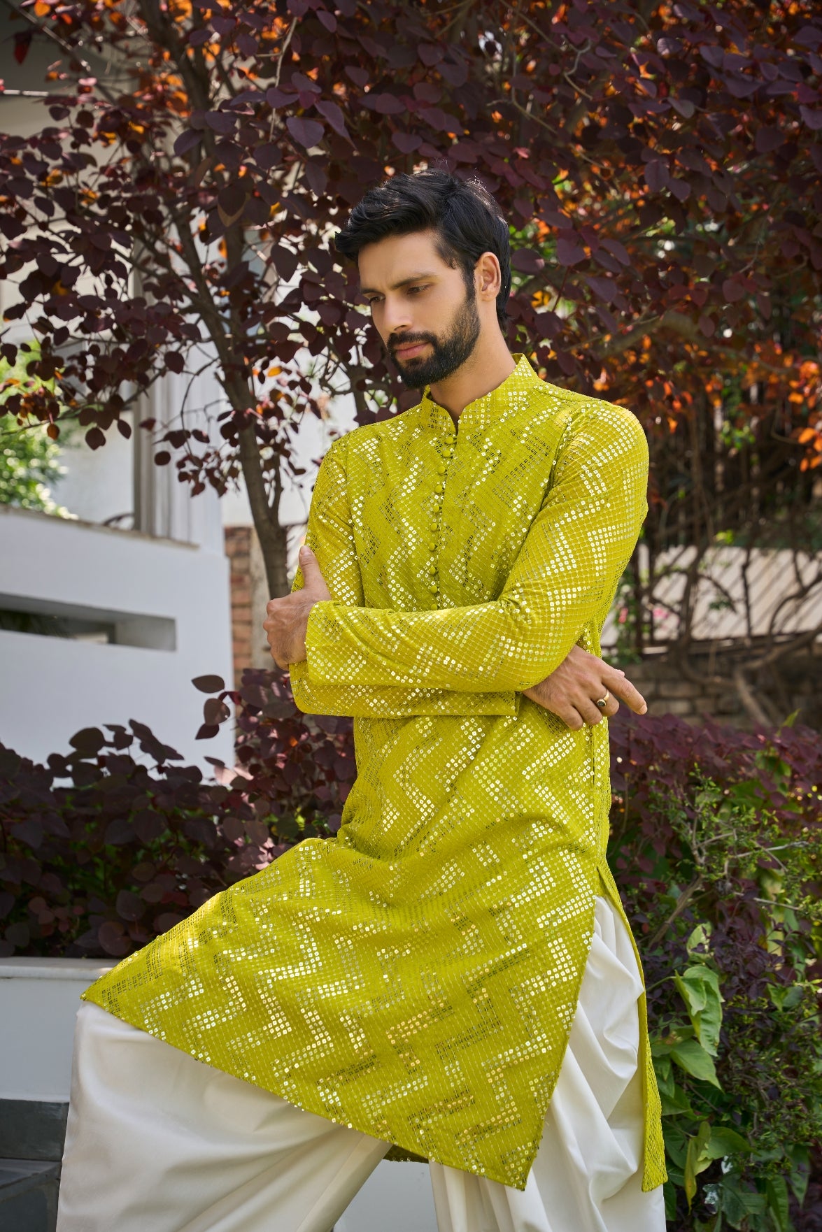 Men Lime Sequins Kurta