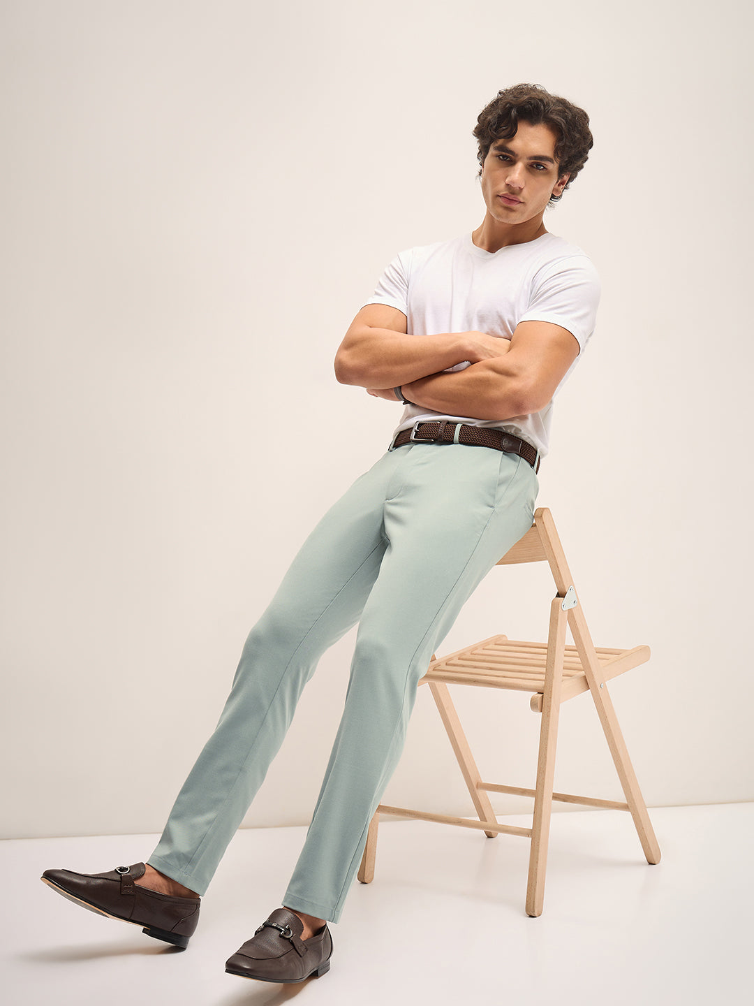 Men Green Solid 4 Way Stretch Formal Trouser
