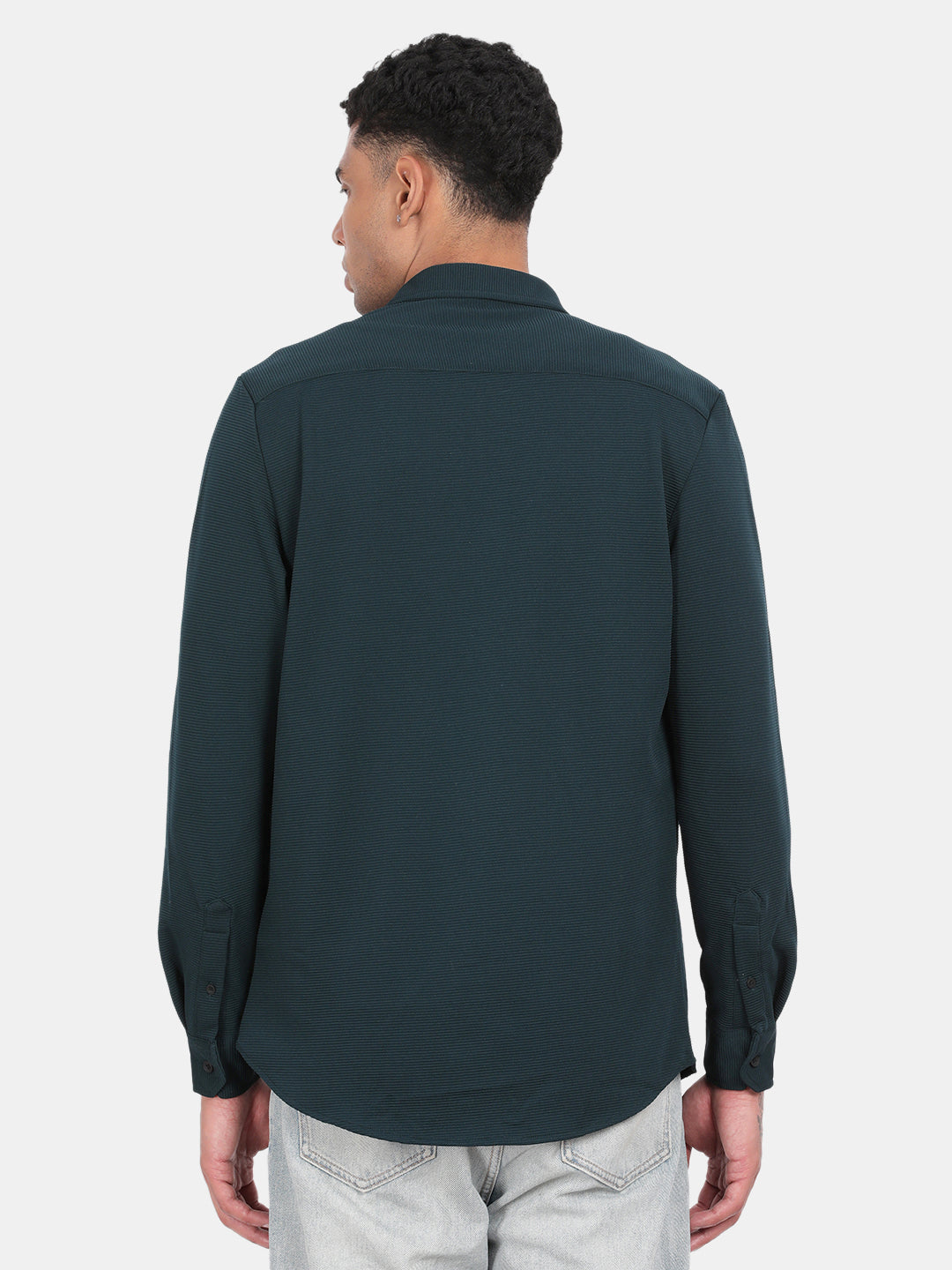 Men Dark Green Slim Fit Spread Collar Full Sleeve Casual Shirt