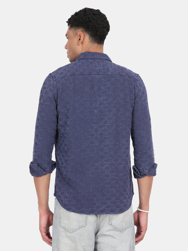 Men Navy Slim Fit Spread Collar Full Sleeve Casual Shirt