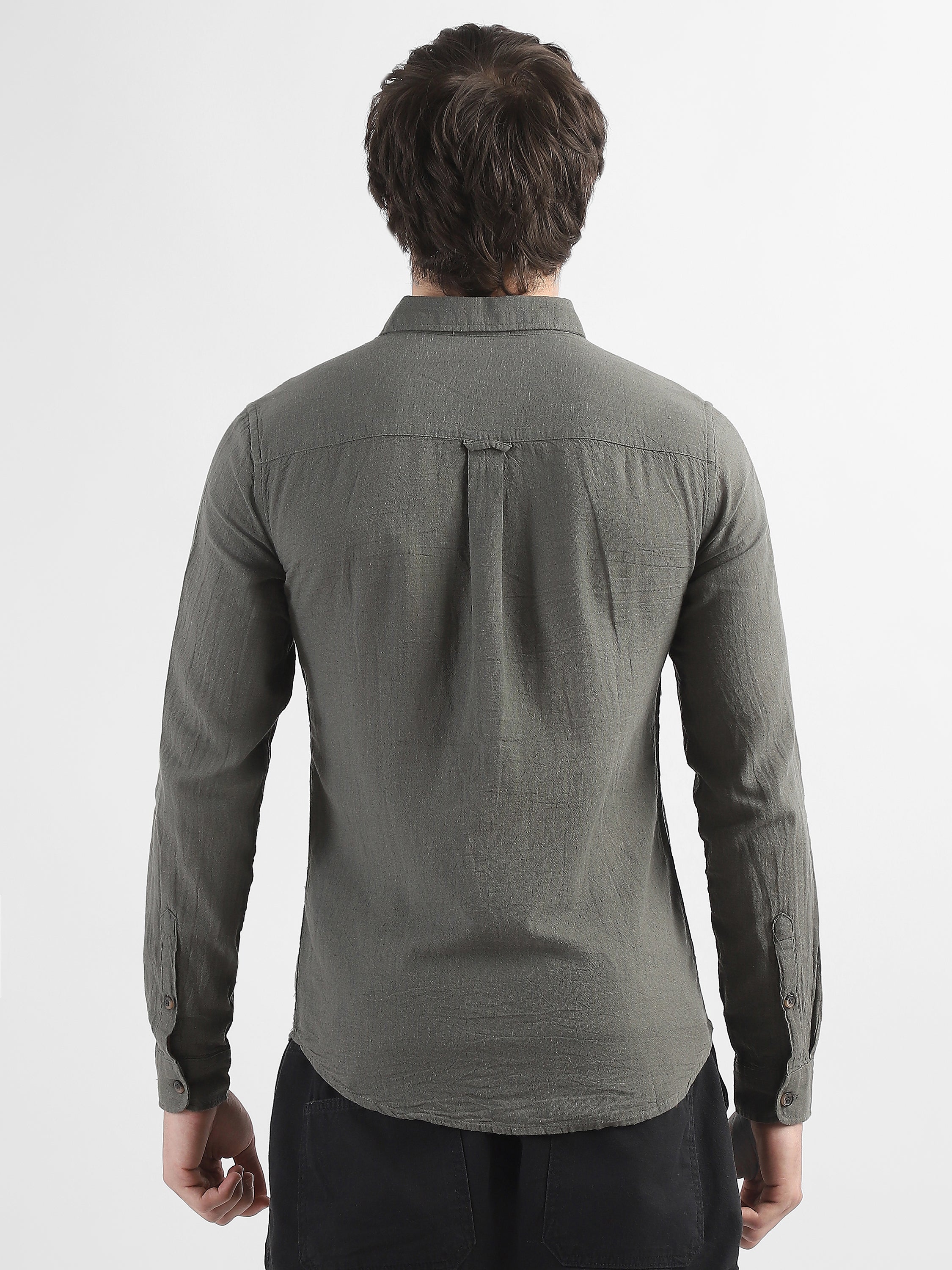 Men Olive Cotton Linen Shirt