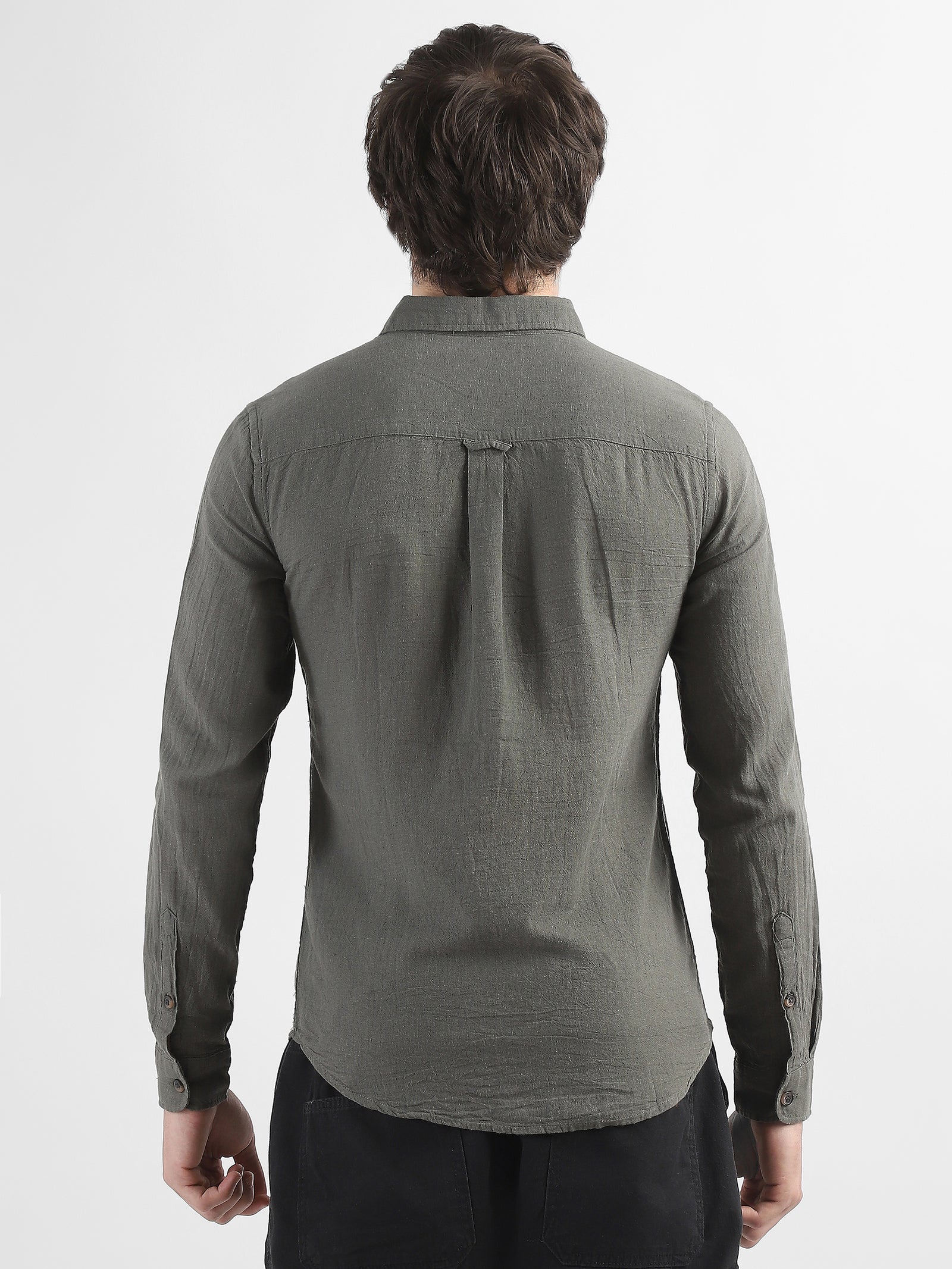 Men Olive Cotton Linen Shirt