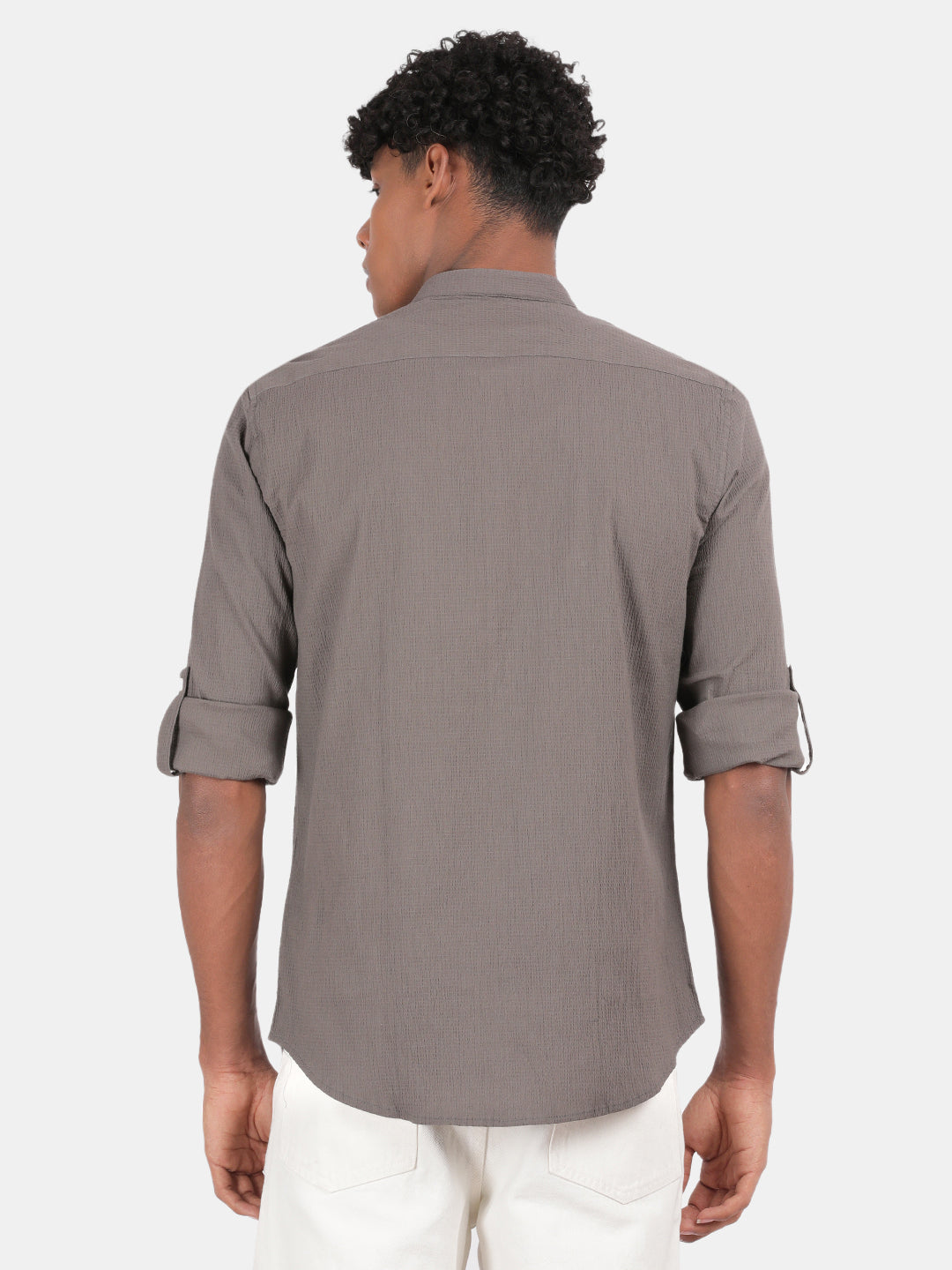 Men Grey Slim Fit Mandarin Collar Full Sleeve Casual Shirt
