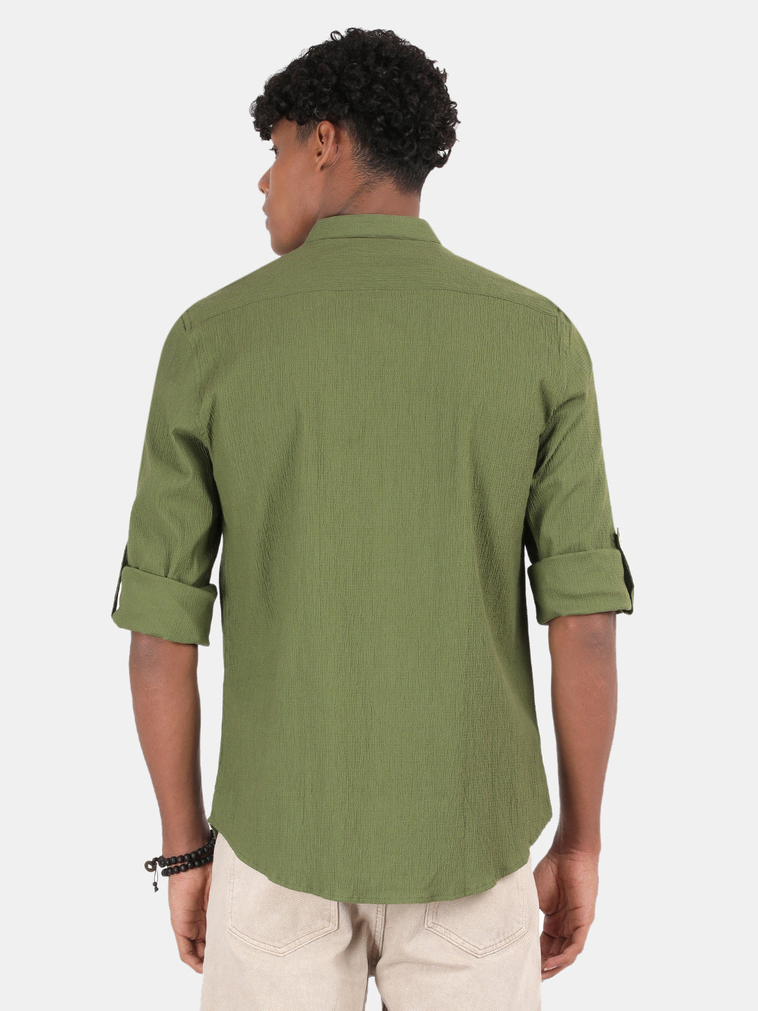 Men Green Slim Fit Mandarin Collar Full Sleeve Casual Shirt