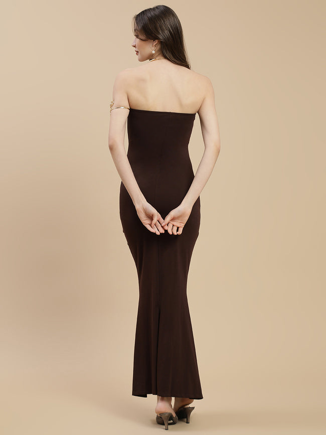 Women Brown Tube Dress With Back Slit