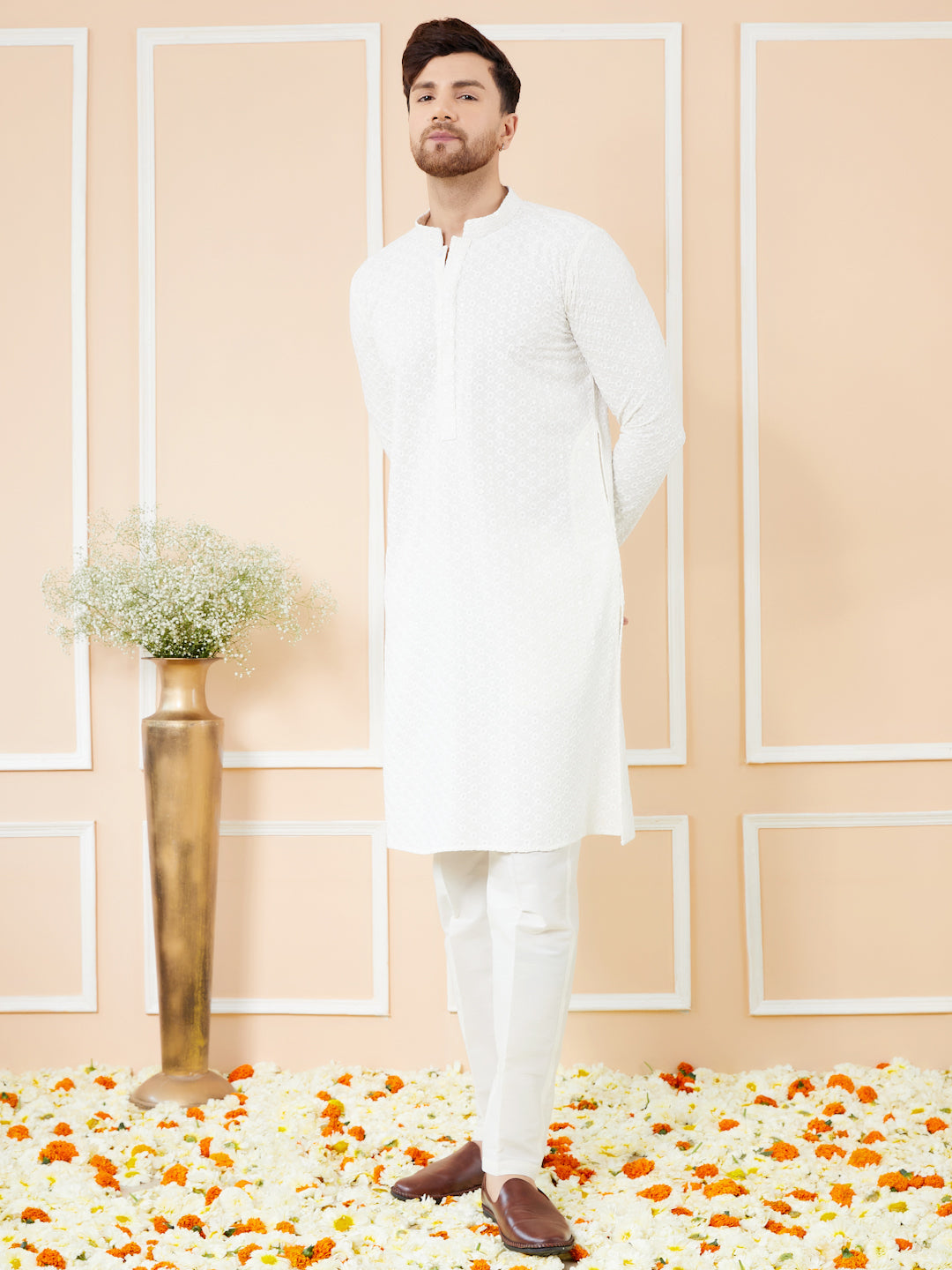 Men  White Embroidered Sequined Rayon Kurta