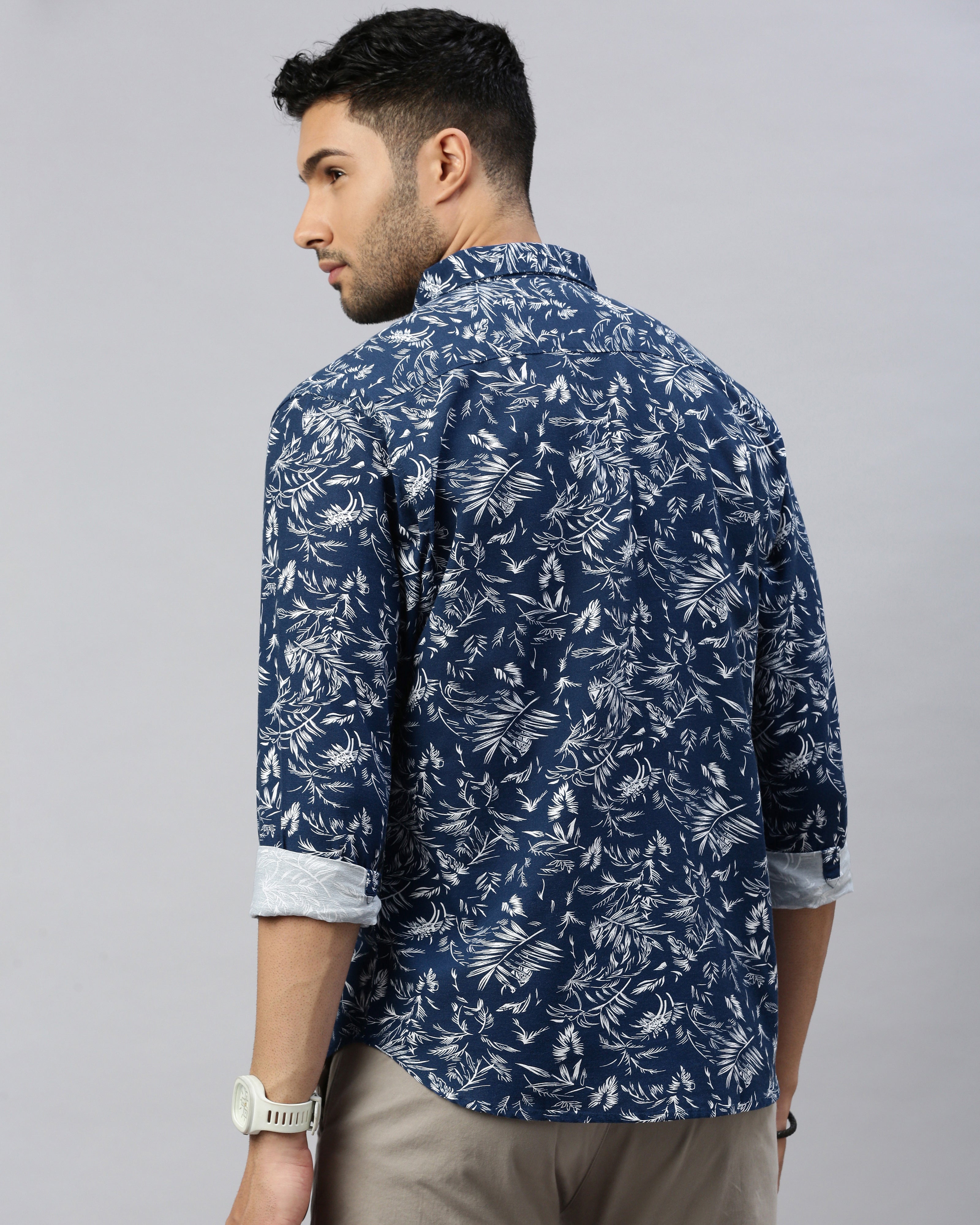 Men Navy Blue Cotton Slim Shirt