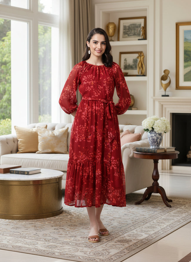 Women Bloom Maroon Chiffon Dress