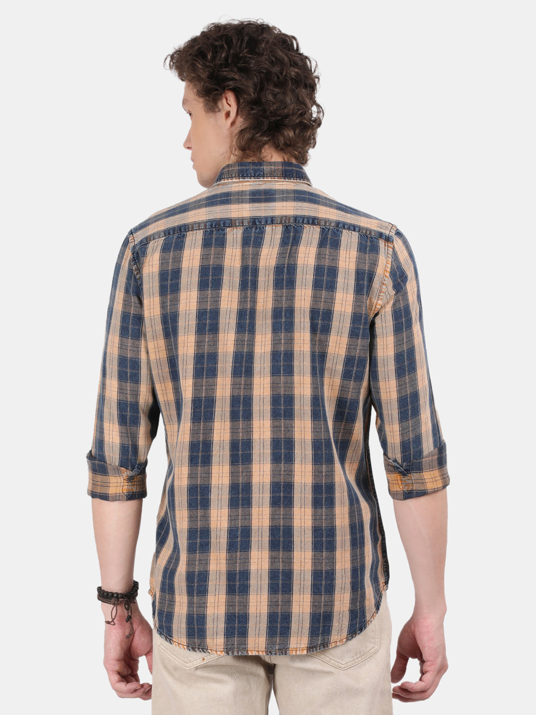 Men Cream Slim Fit Spread Collar Full Sleeve Casual Shirt