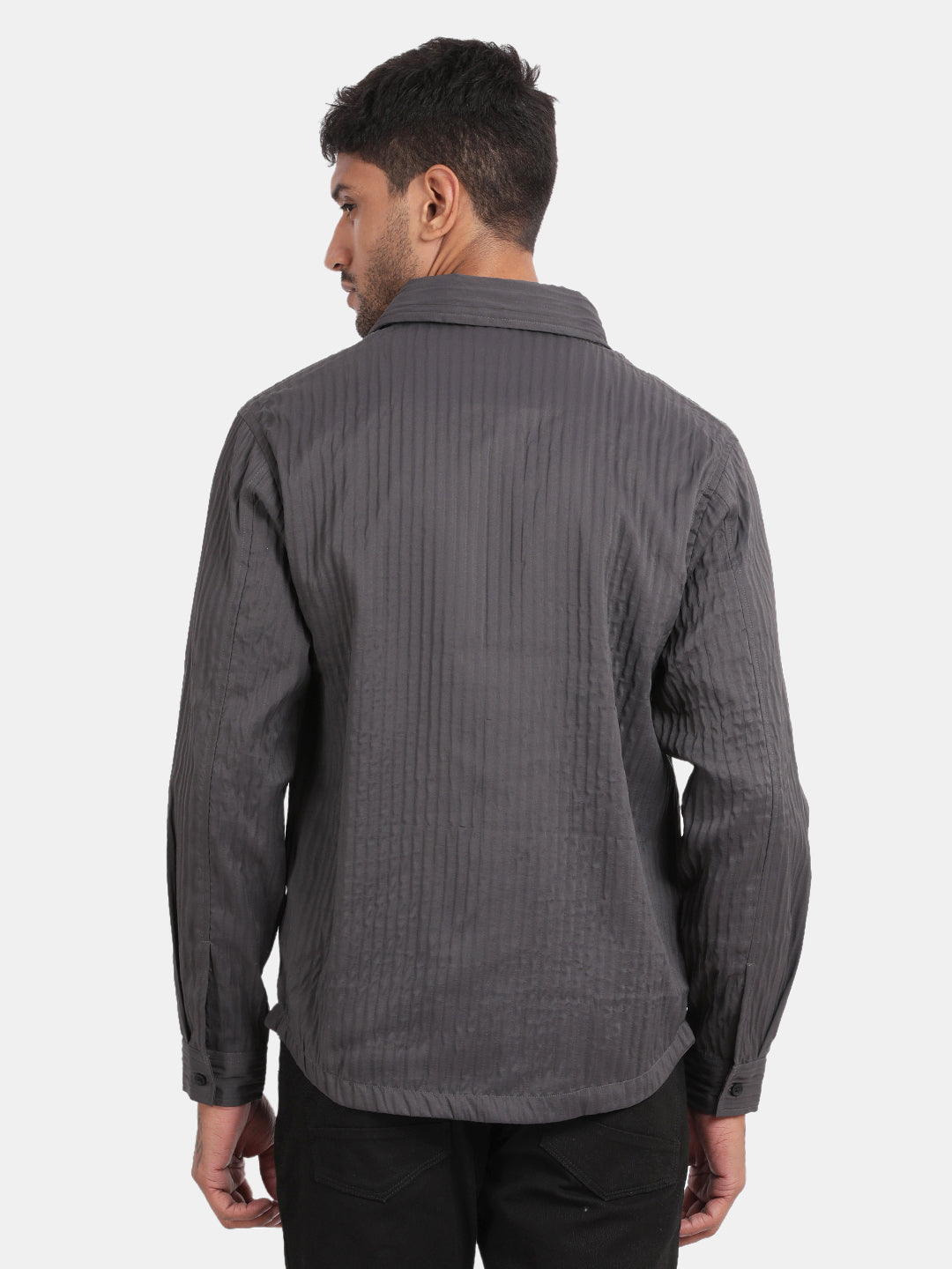 Men Dark Grey Slim Fit Spread Collar Full Sleeve Casual Shirt