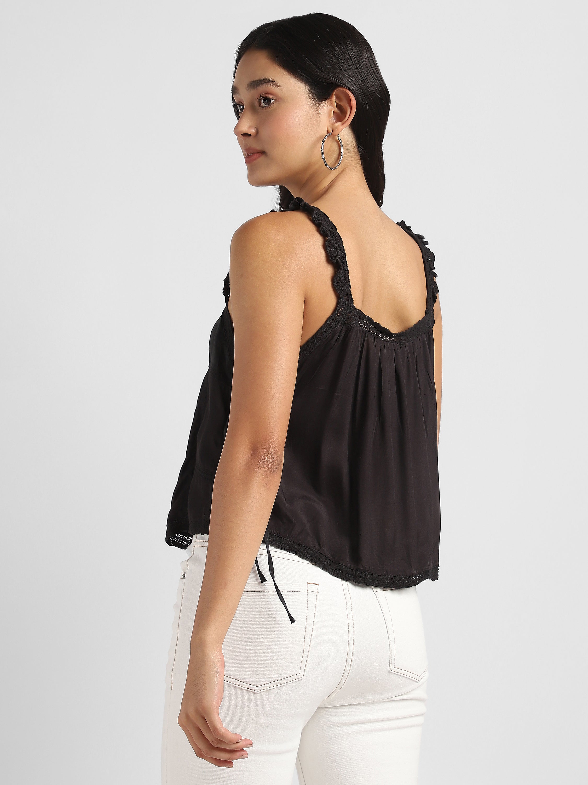 Women Black Satin Top with Lace Inserts