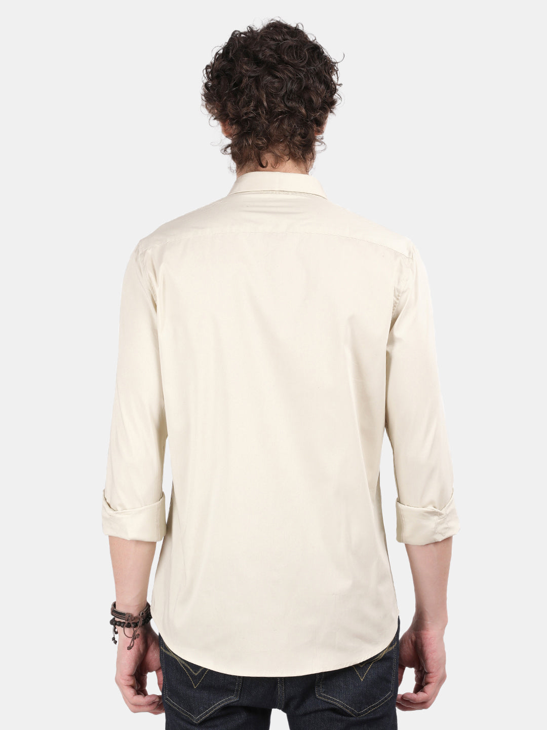 Men Cream Slim Fit Spread Collar Full Sleeve Casual Shirt