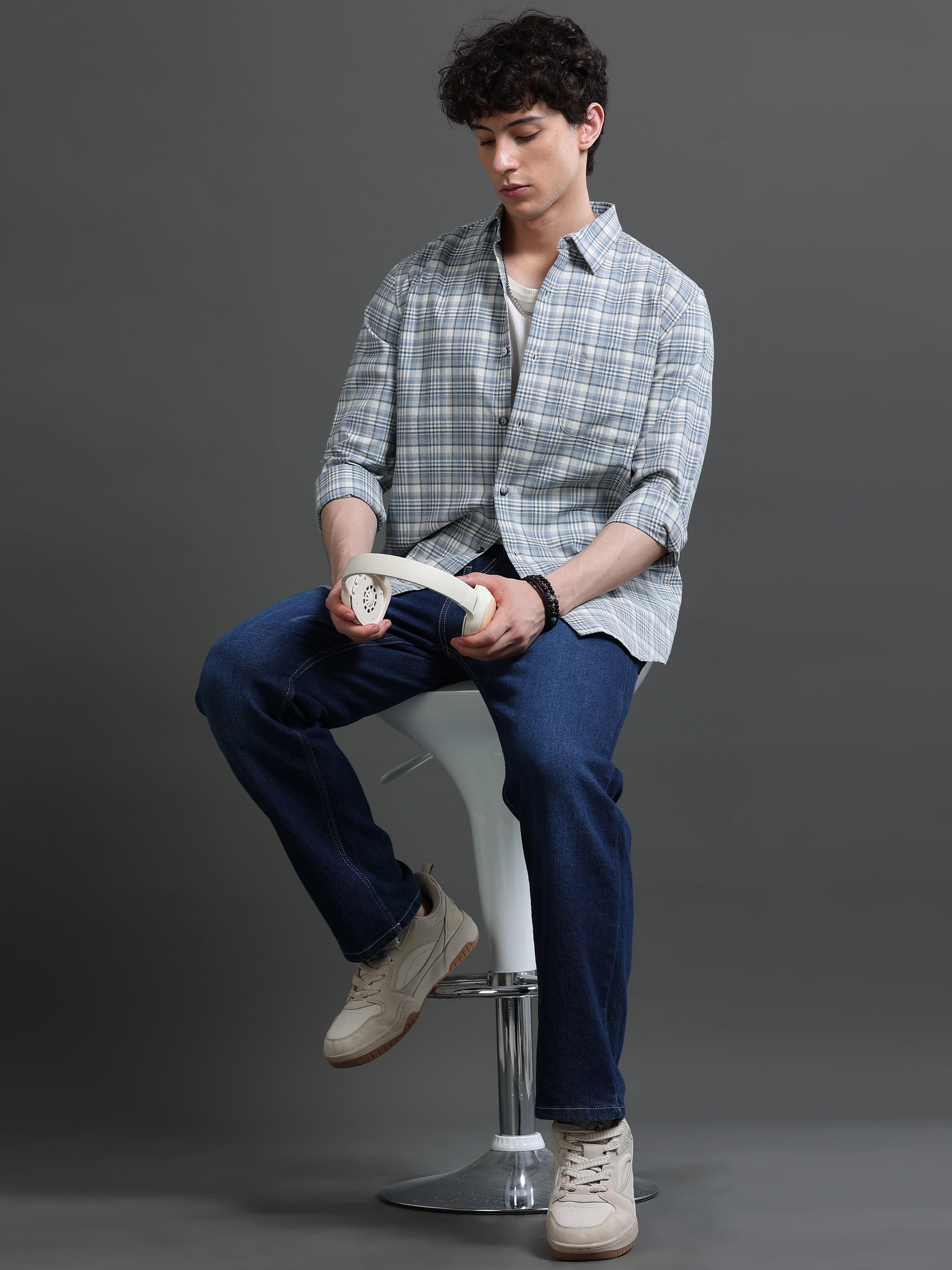 Men Blue Check Shirt