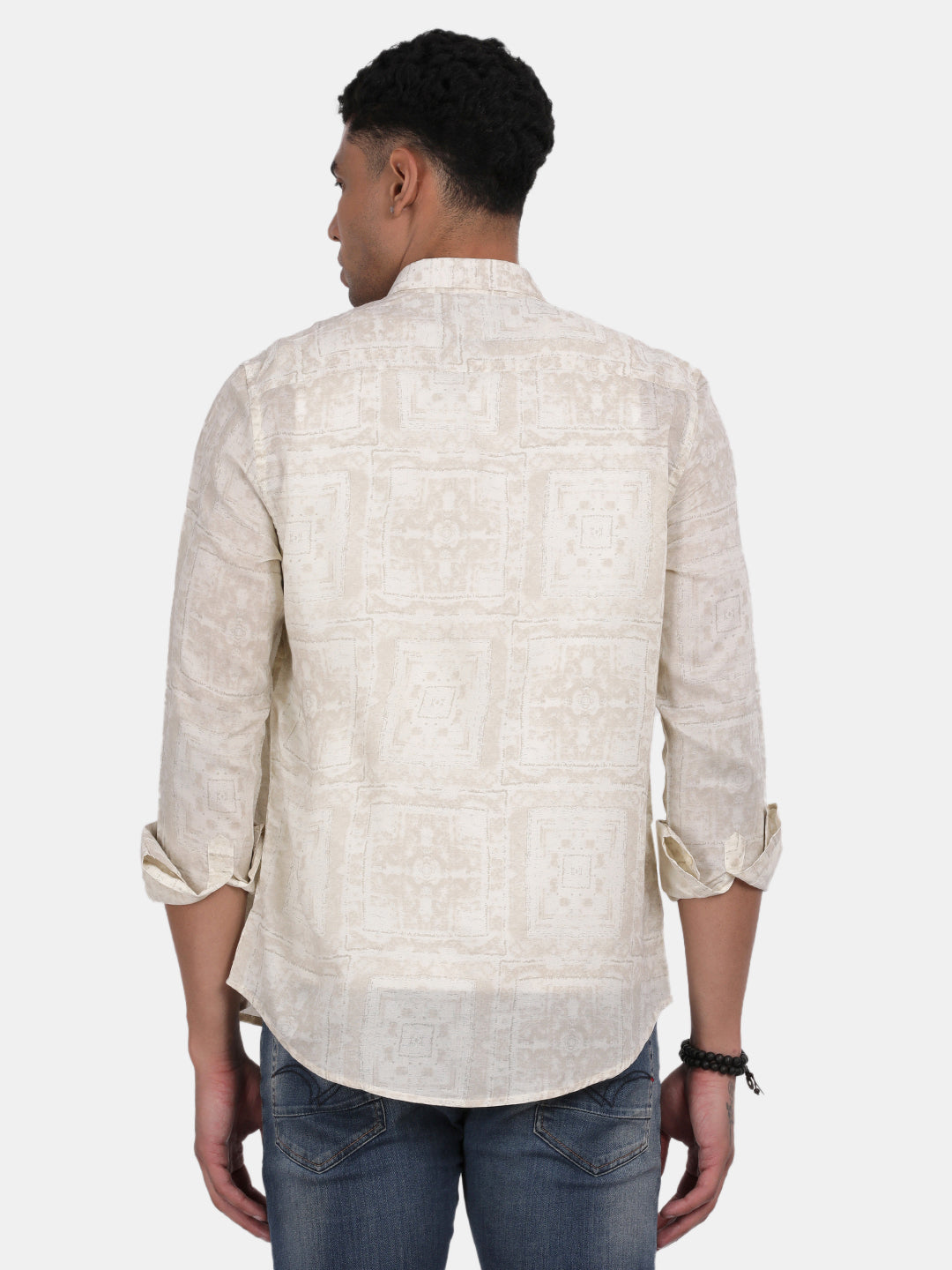 Men Cream Slim Fit Spread Collar Full Sleeve Casual Shirt