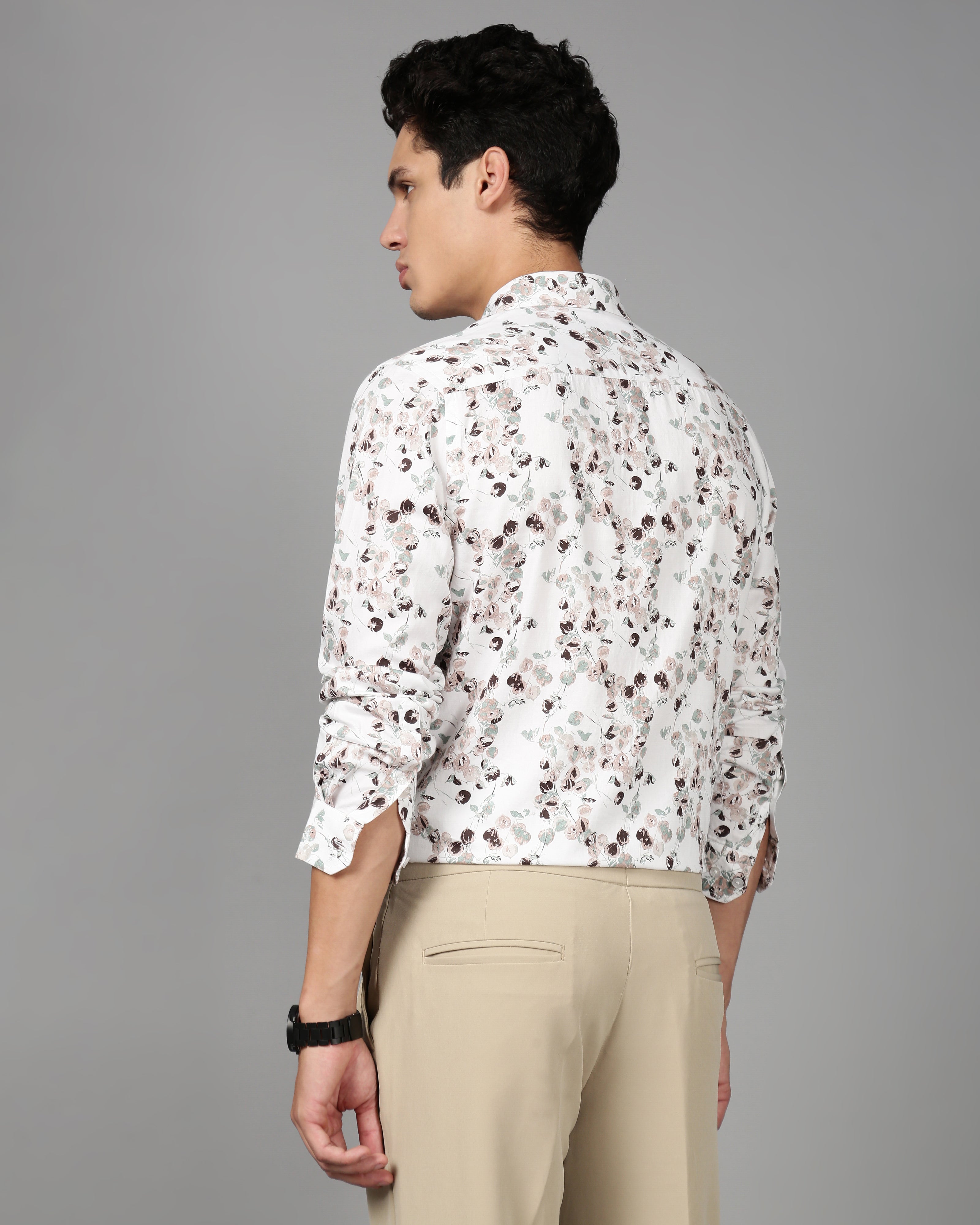 Men White Floral Print Shirt