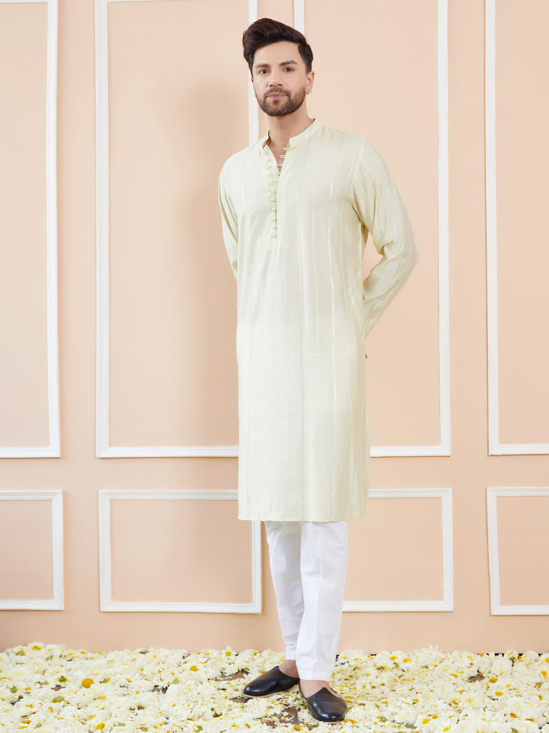 Men Cream And Gold Chanderi Silk Sequins Kurta