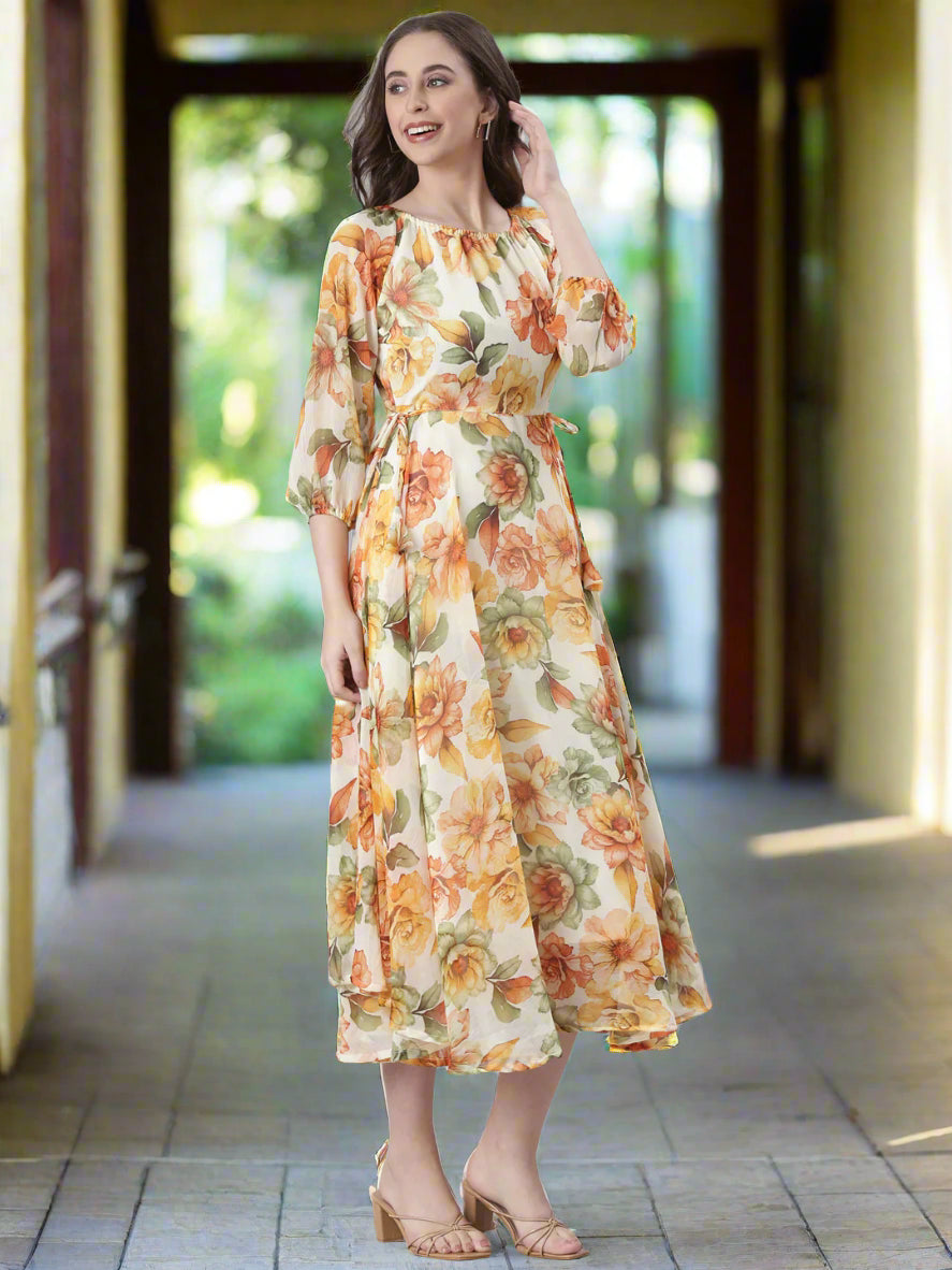 Women Cream Floral Chiffon Dress
