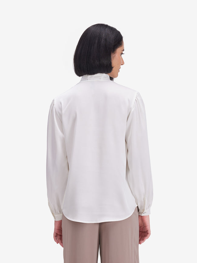 Women White Luxe Tie-Up Neck Satin Top