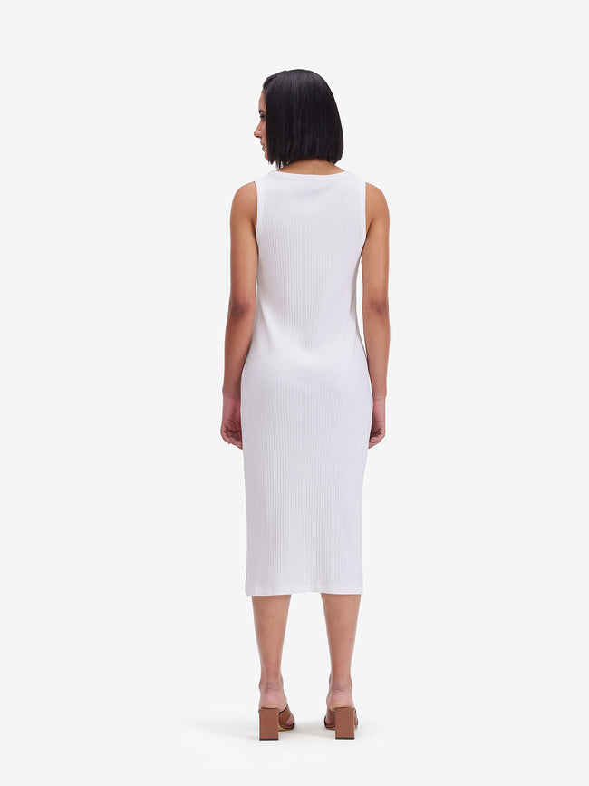 Women White Ribbed Side Slit Midi Dress