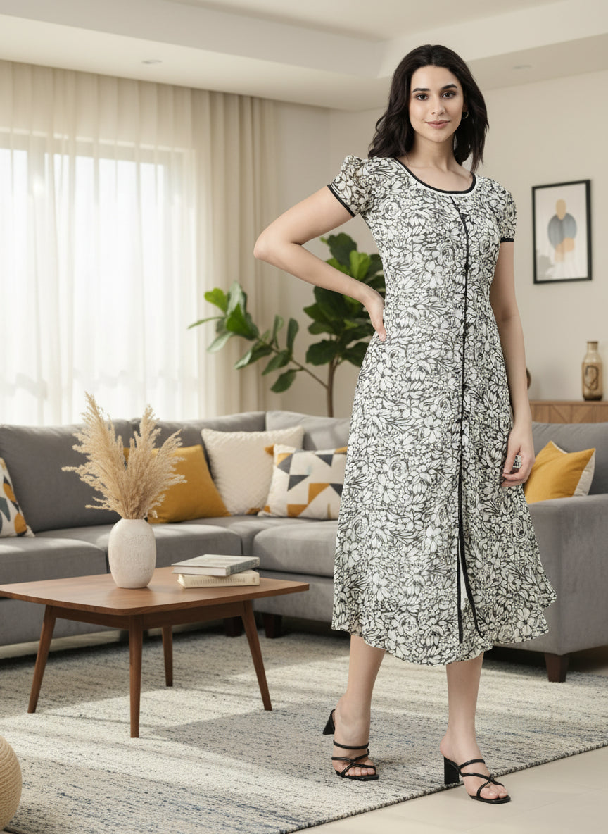 Women Floral Chiffon Flared Midi Dress