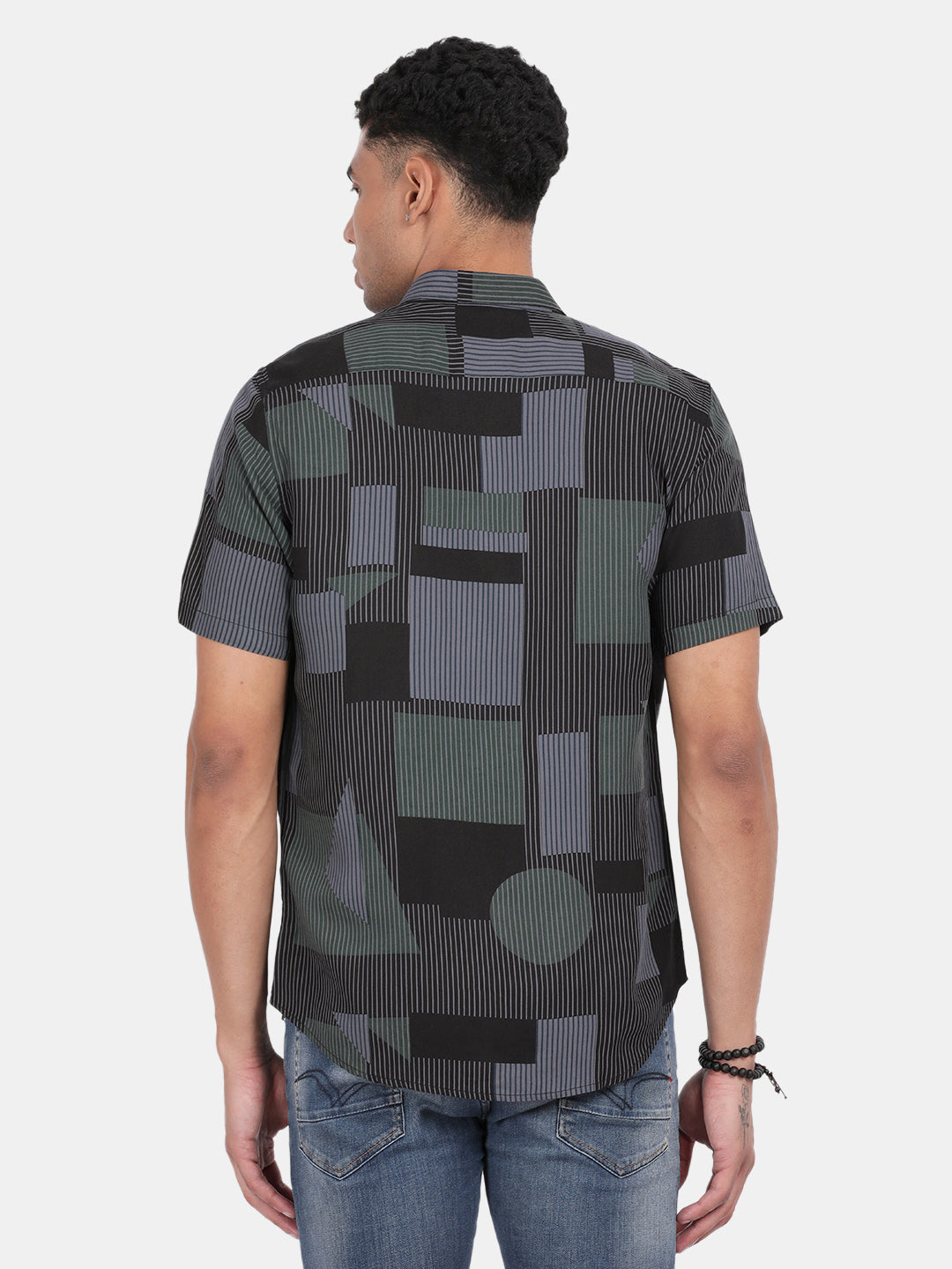 Men Black Slim Fit Spread Collar Half Sleeve Casual Shirt