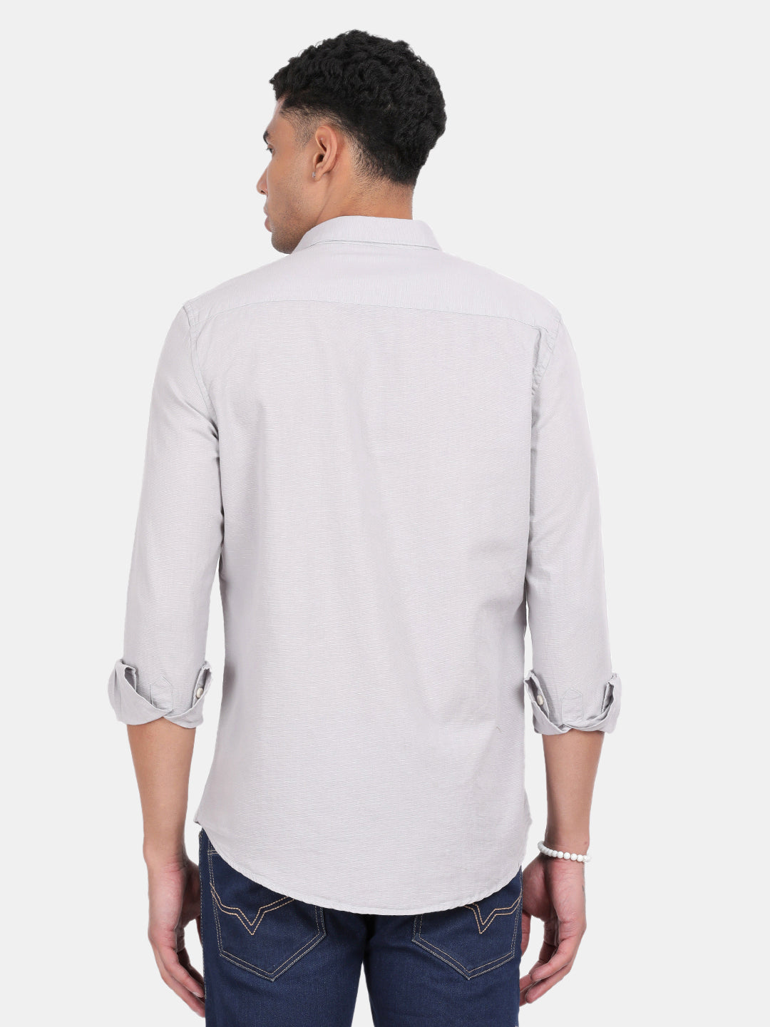 Men Silver Slim Fit Spread Collar Full Sleeve Casual Shirt