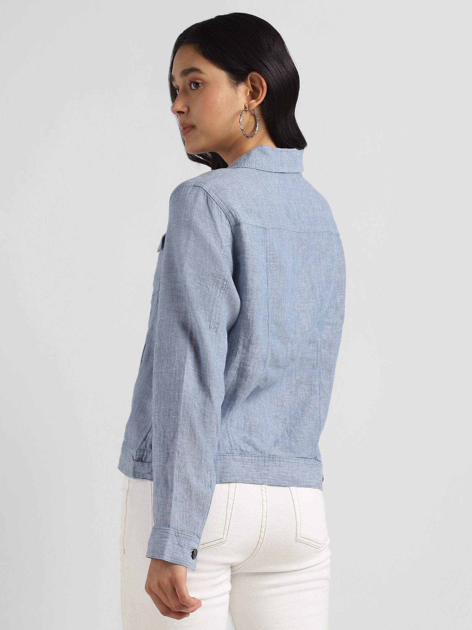 Women Linen Blue Shacket